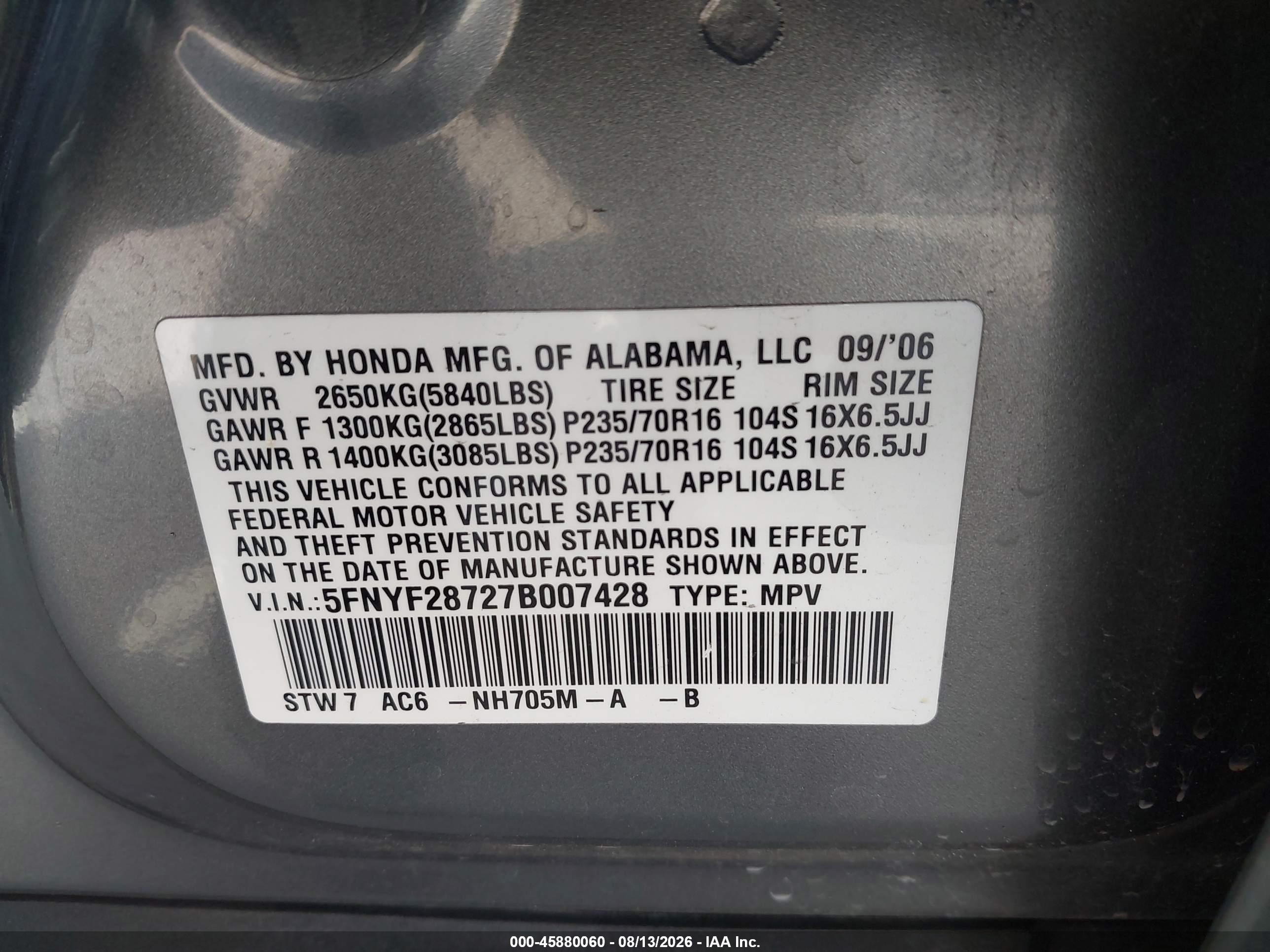 2007 Honda Pilot Ex-l Gray vin: 5FNYF28727B007428