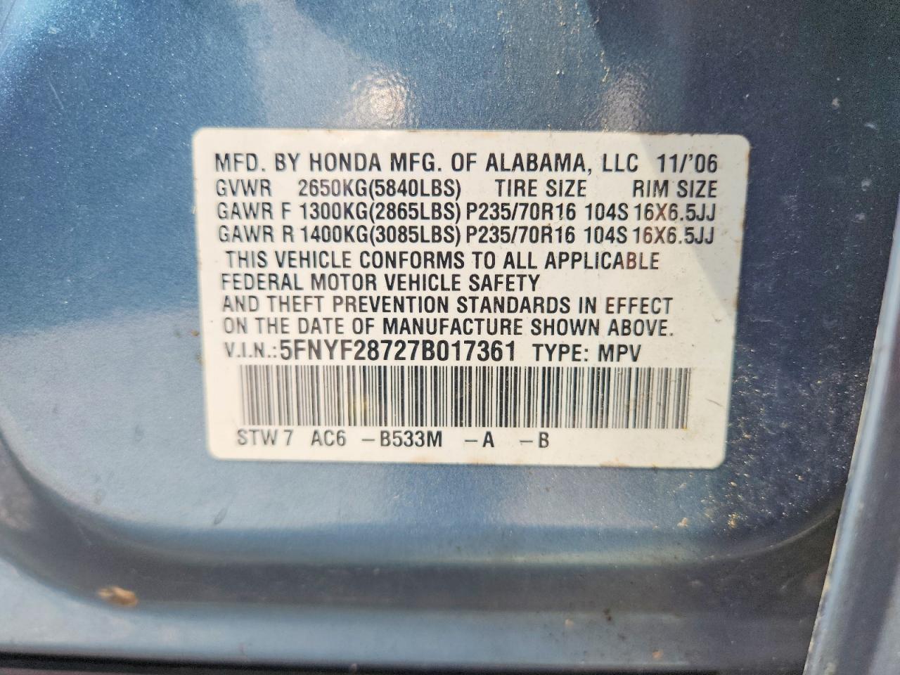 2007 Honda Pilot Exl Blue vin: 5FNYF28727B017361