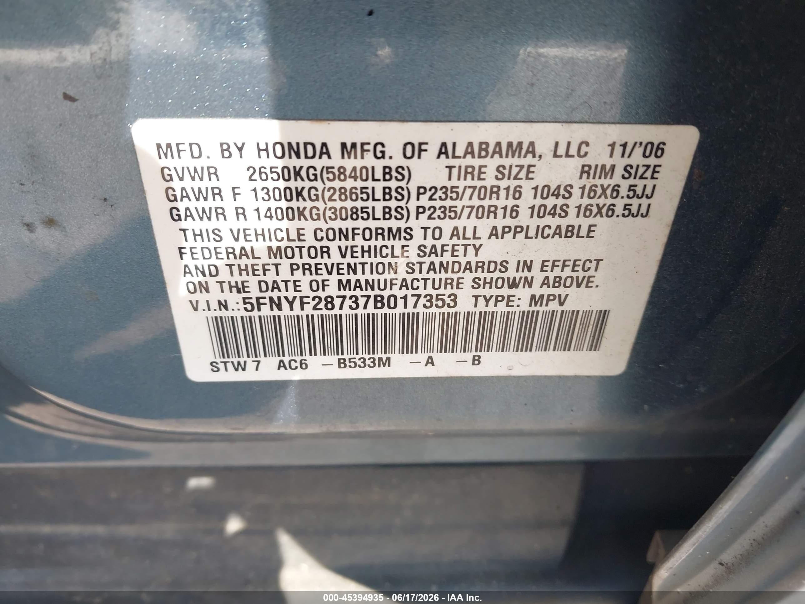 2007 Honda Pilot Ex-l Light Blue vin: 5FNYF28737B017353