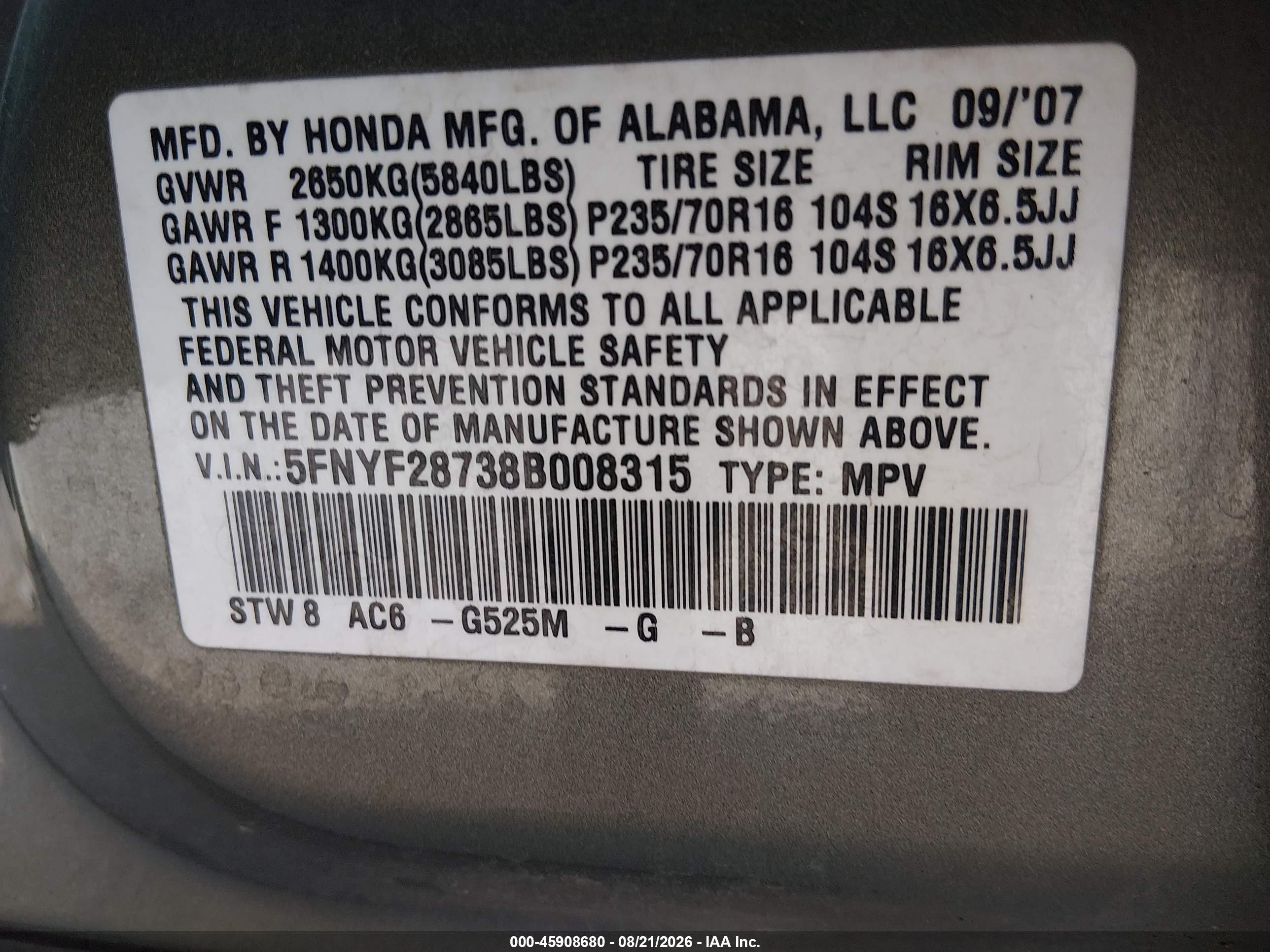2008 Honda Pilot Ex-l Зеленый vin: 5FNYF28738B008315