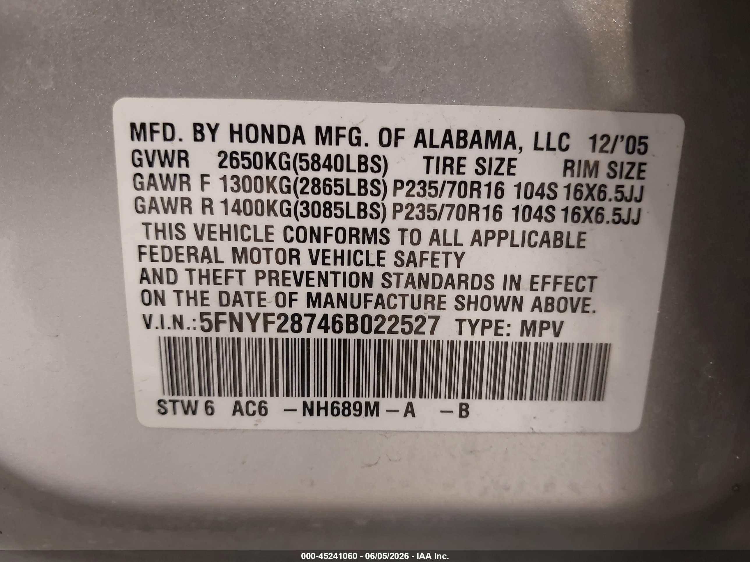 2006 Honda Pilot Ex-l Silver vin: 5FNYF28746B022527