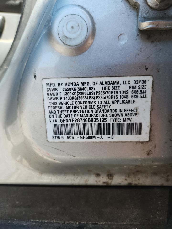 2006 Honda Pilot Ex Silver vin: 5FNYF28746B035195