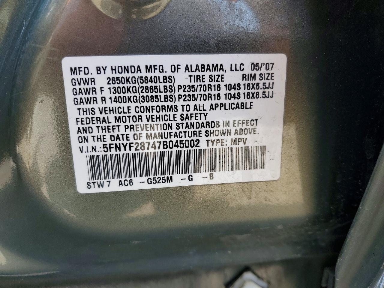 2007 Honda Pilot Exl Green vin: 5FNYF28747B045002