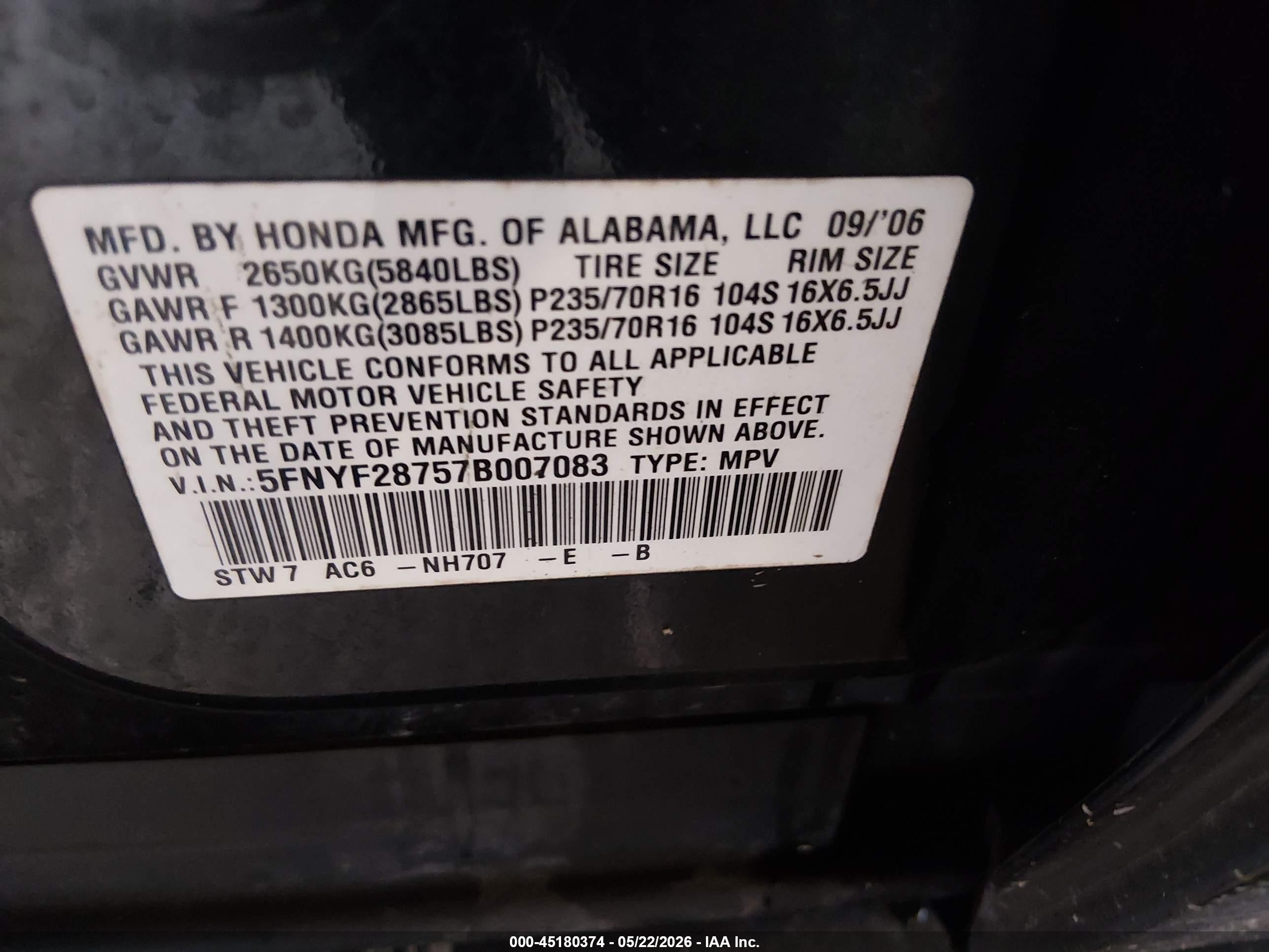 2007 Honda Pilot Ex-l Black vin: 5FNYF28757B007083