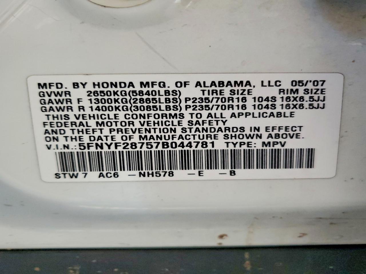 2007 Honda Pilot Exl White vin: 5FNYF28757B044781