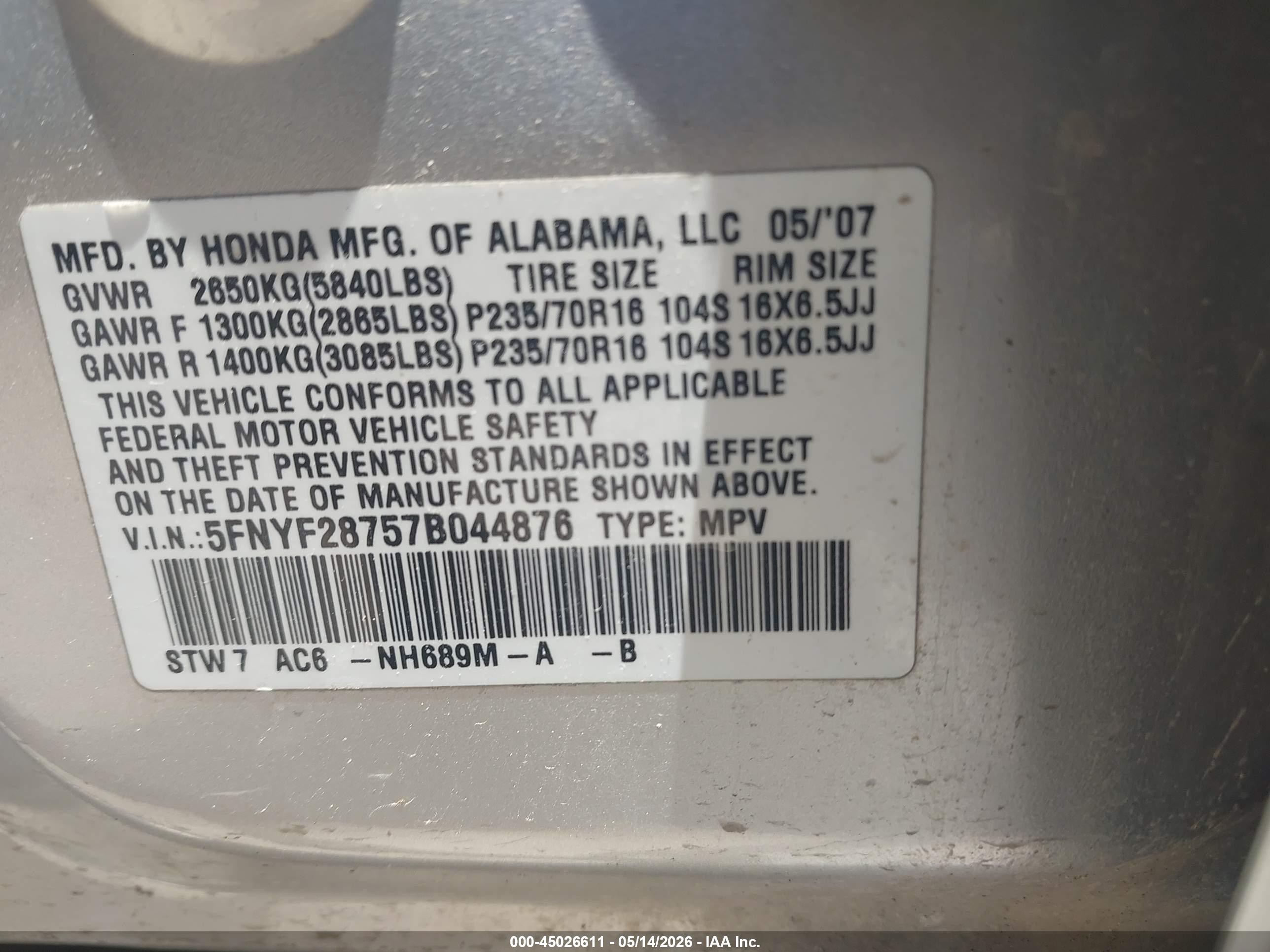 2007 Honda Pilot Ex-l Silver vin: 5FNYF28757B044876