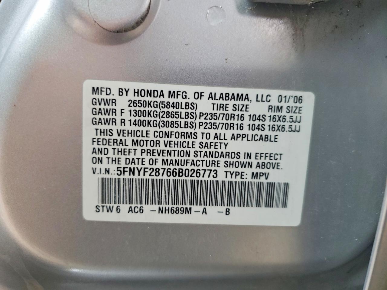 2006 Honda Pilot Ex Silver vin: 5FNYF28766B026773