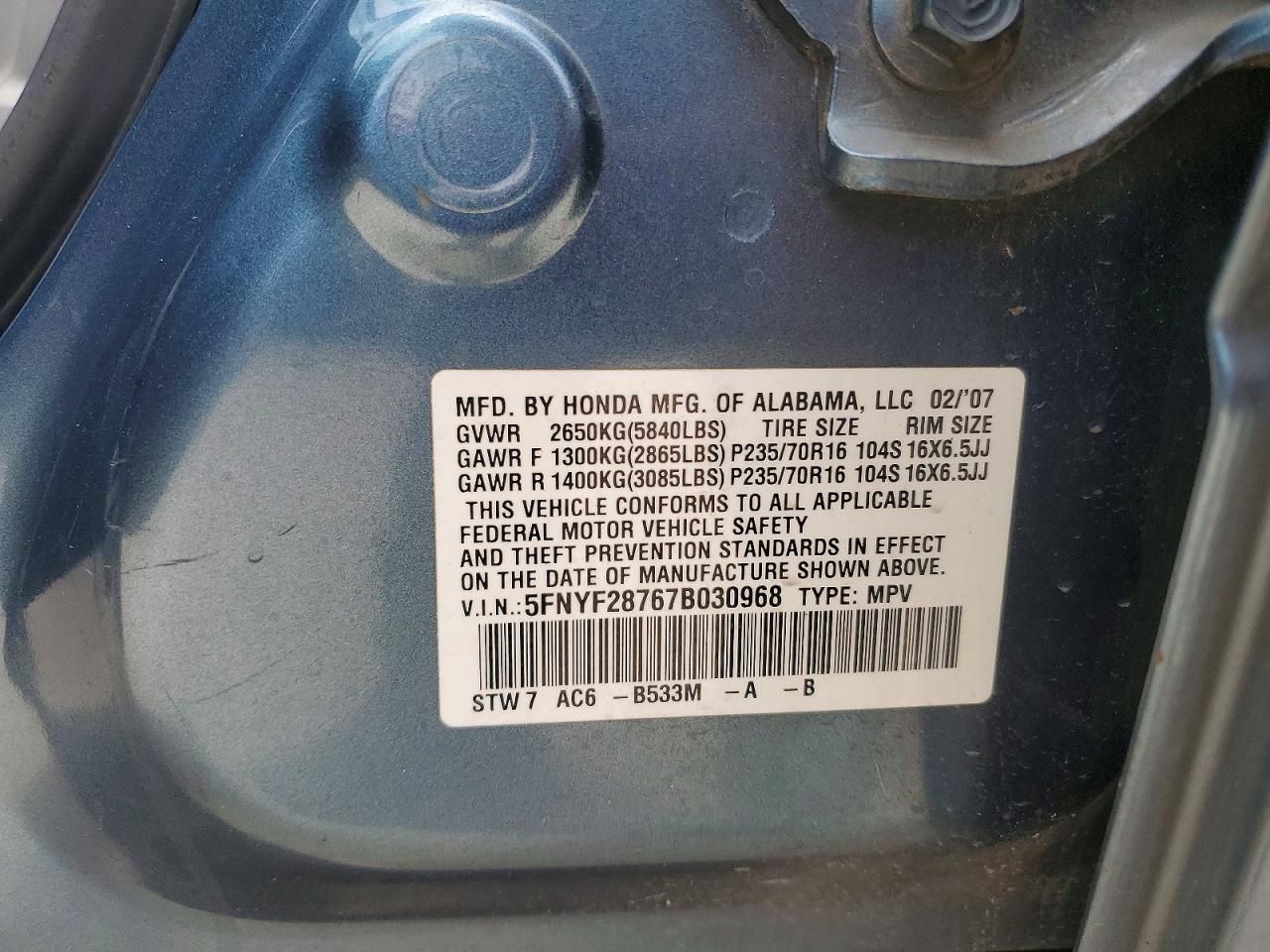 2007 Honda Pilot Exl Blue vin: 5FNYF28767B030968