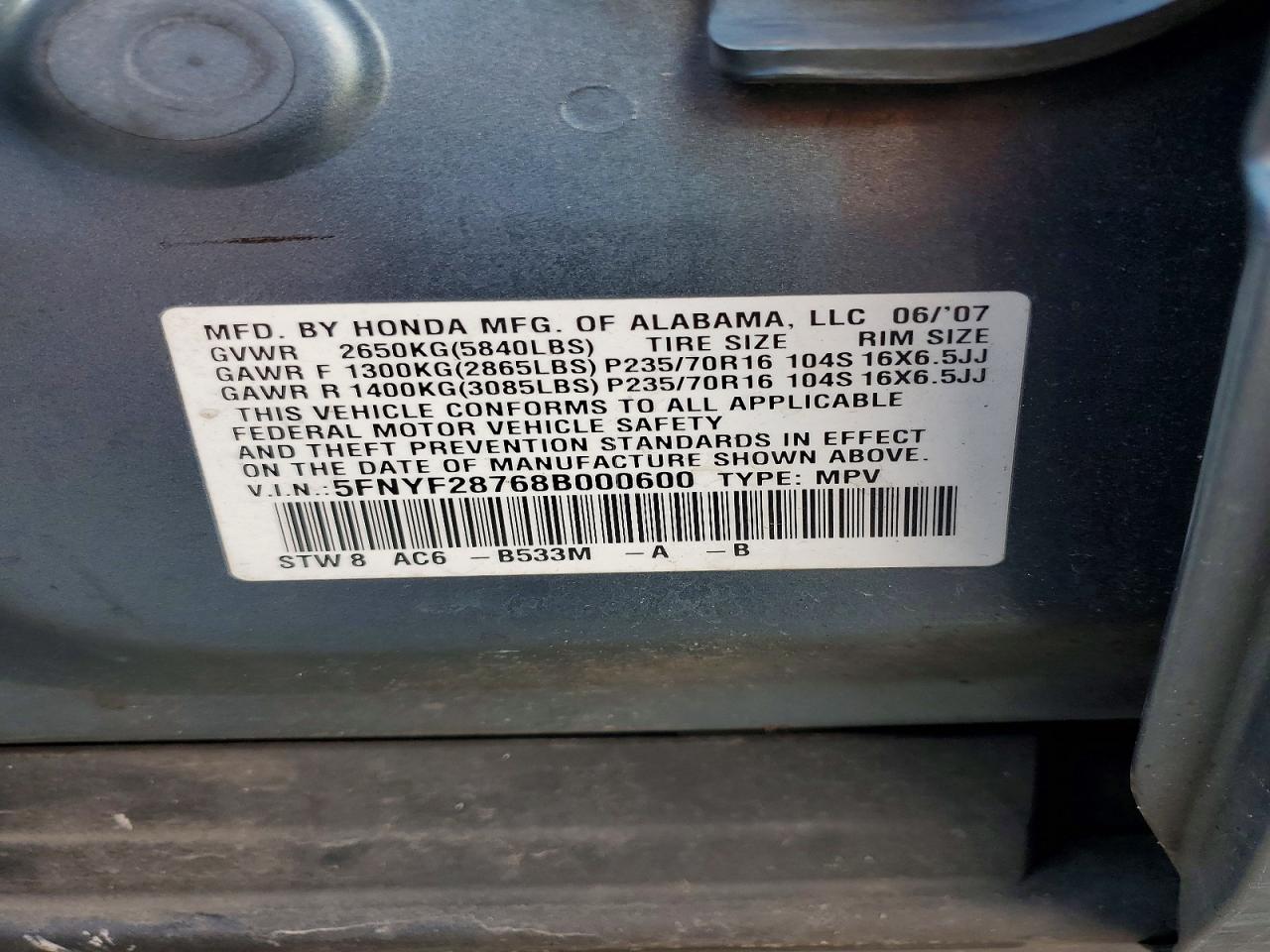 2008 Honda Pilot Exl Blue vin: 5FNYF28768B000600