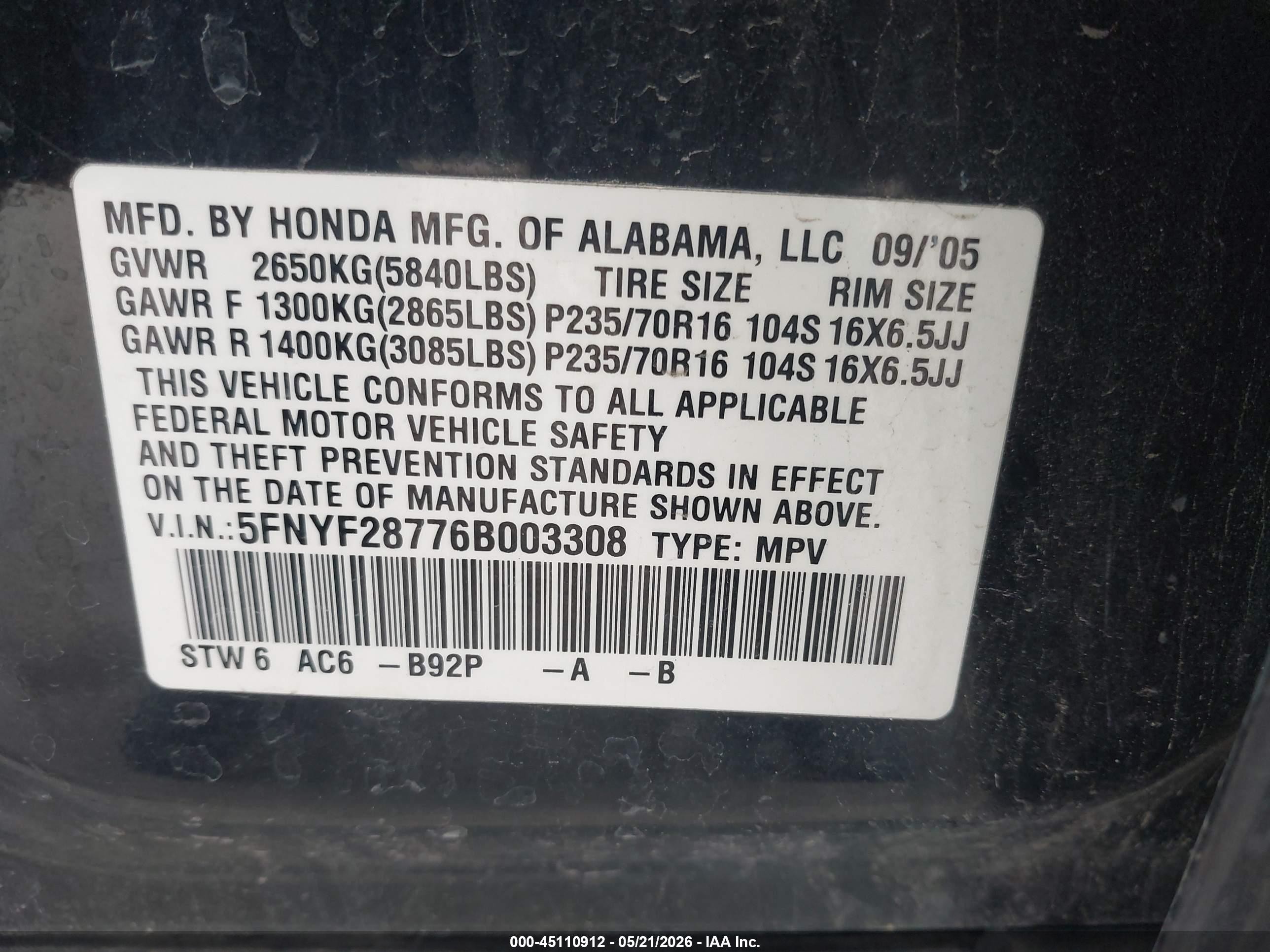 2006 Honda Pilot Ex-l Black vin: 5FNYF28776B003308