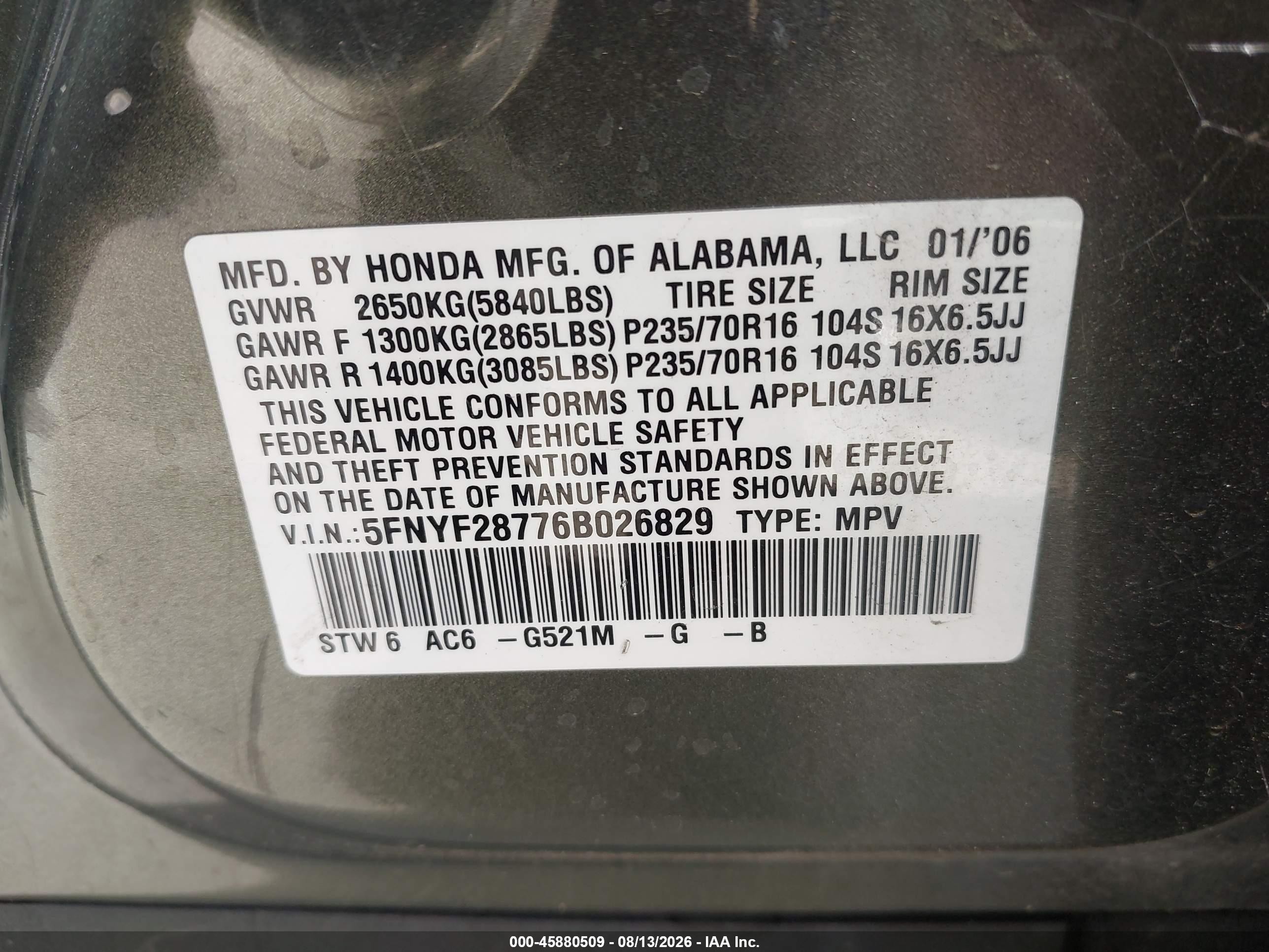 2006 Honda Pilot Ex-l Green vin: 5FNYF28776B026829