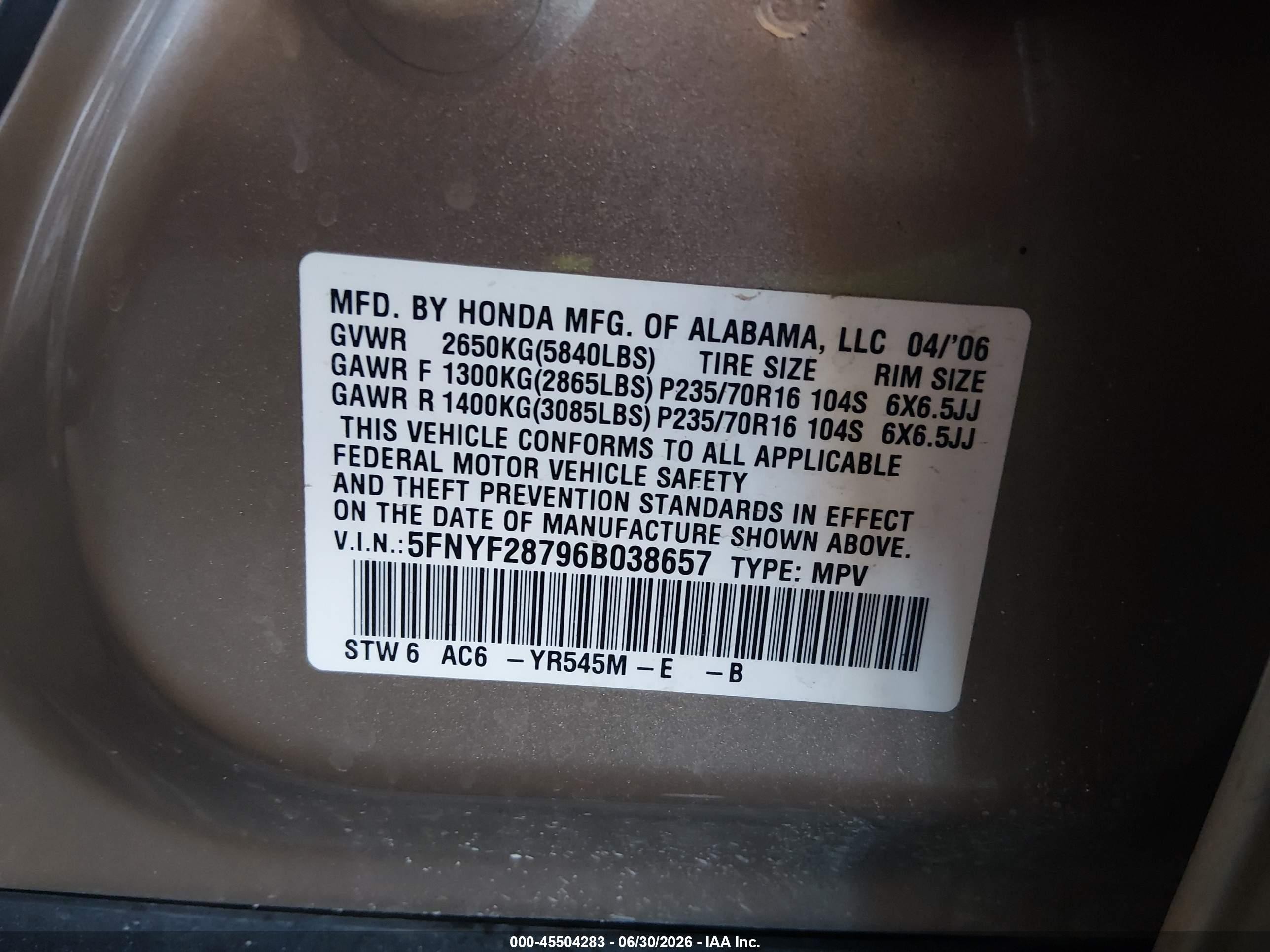 2006 Honda Pilot Ex-l Champagne vin: 5FNYF28796B038657