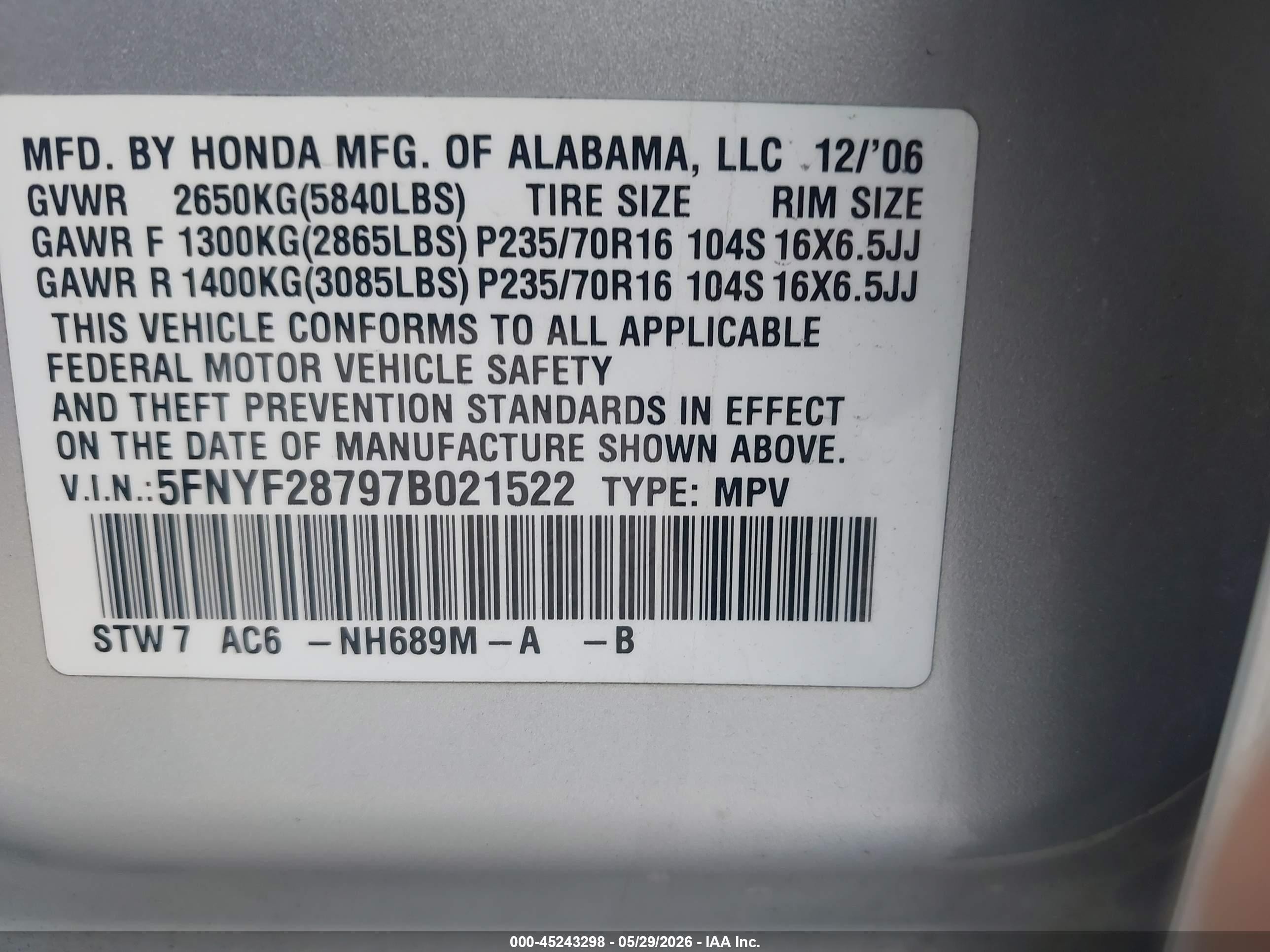 2007 Honda Pilot Ex-l Silver vin: 5FNYF28797B021522