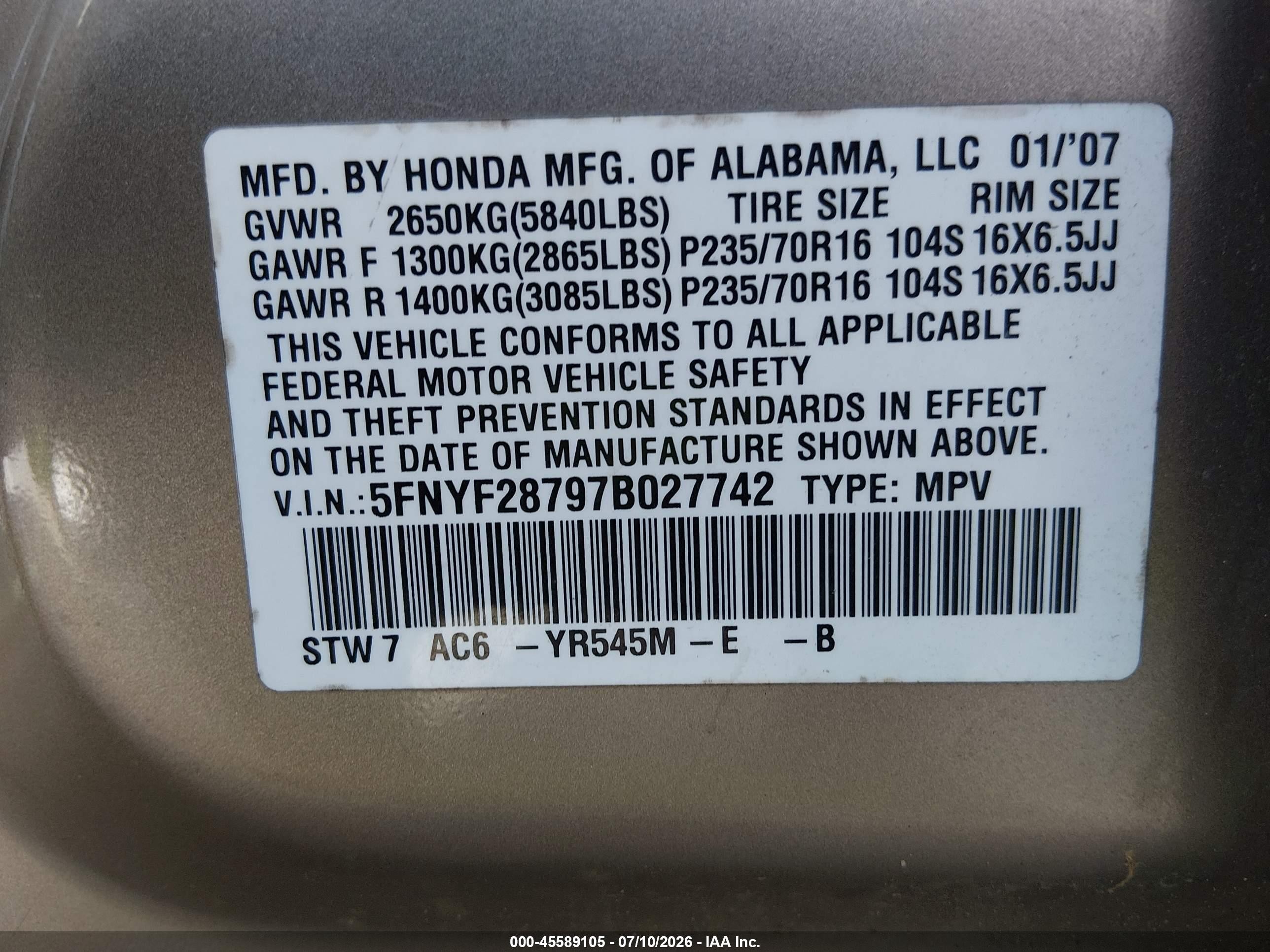 2007 Honda Pilot Ex-l Champagne vin: 5FNYF28797B027742