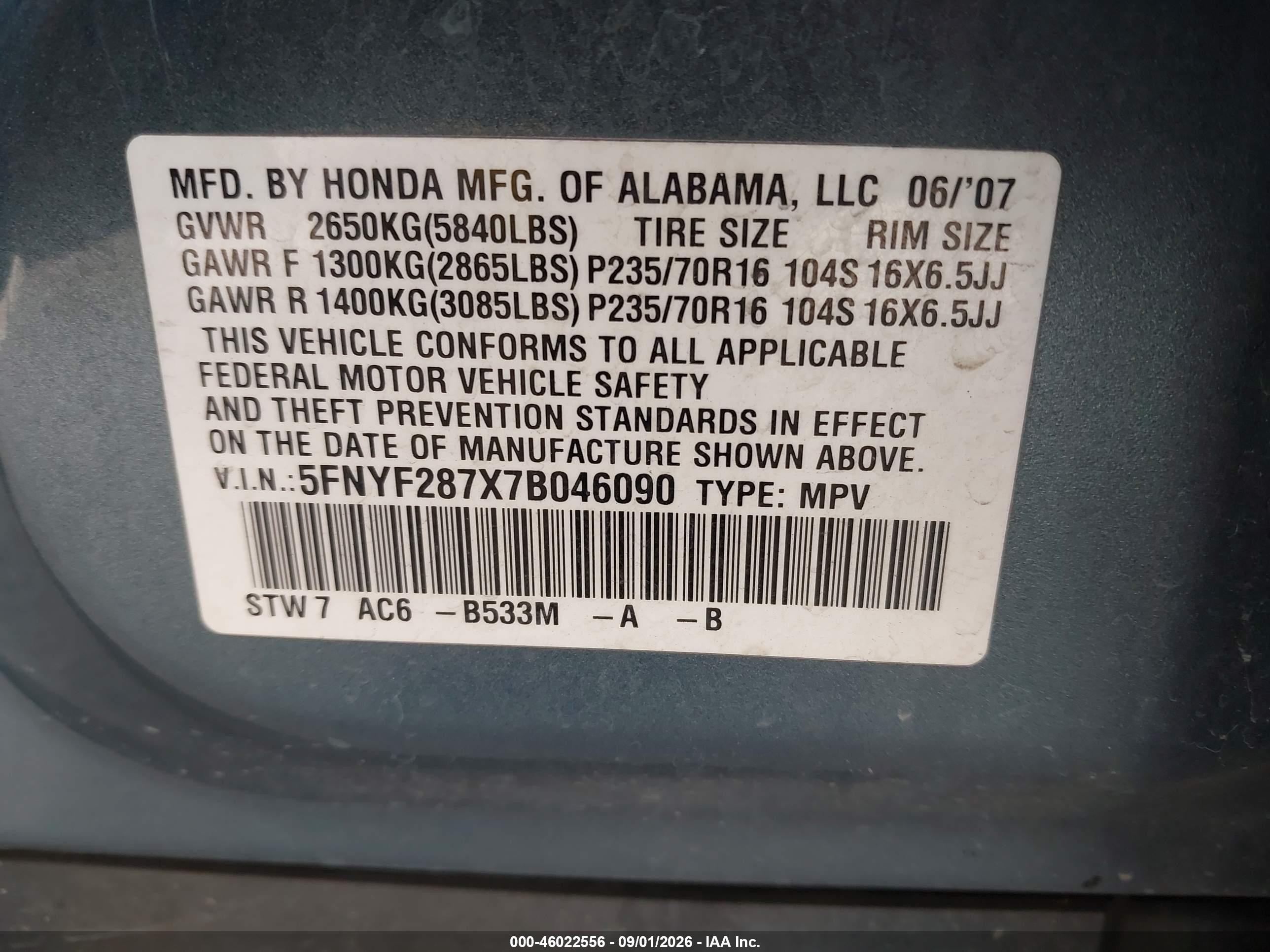 2007 Honda Pilot Ex-l Light Blue vin: 5FNYF287X7B046090