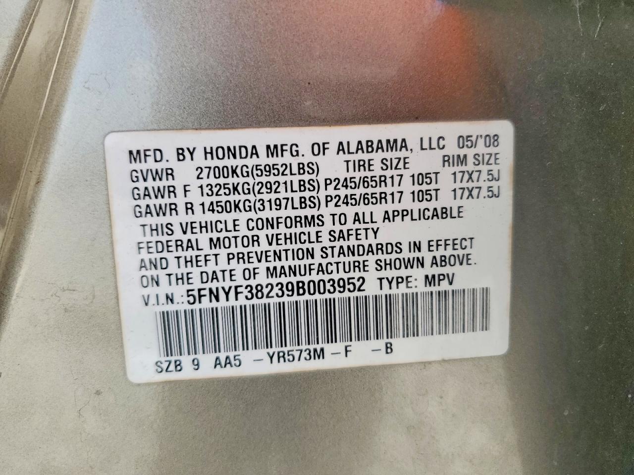 2009 Honda Pilot Lx Beige vin: 5FNYF38239B003952
