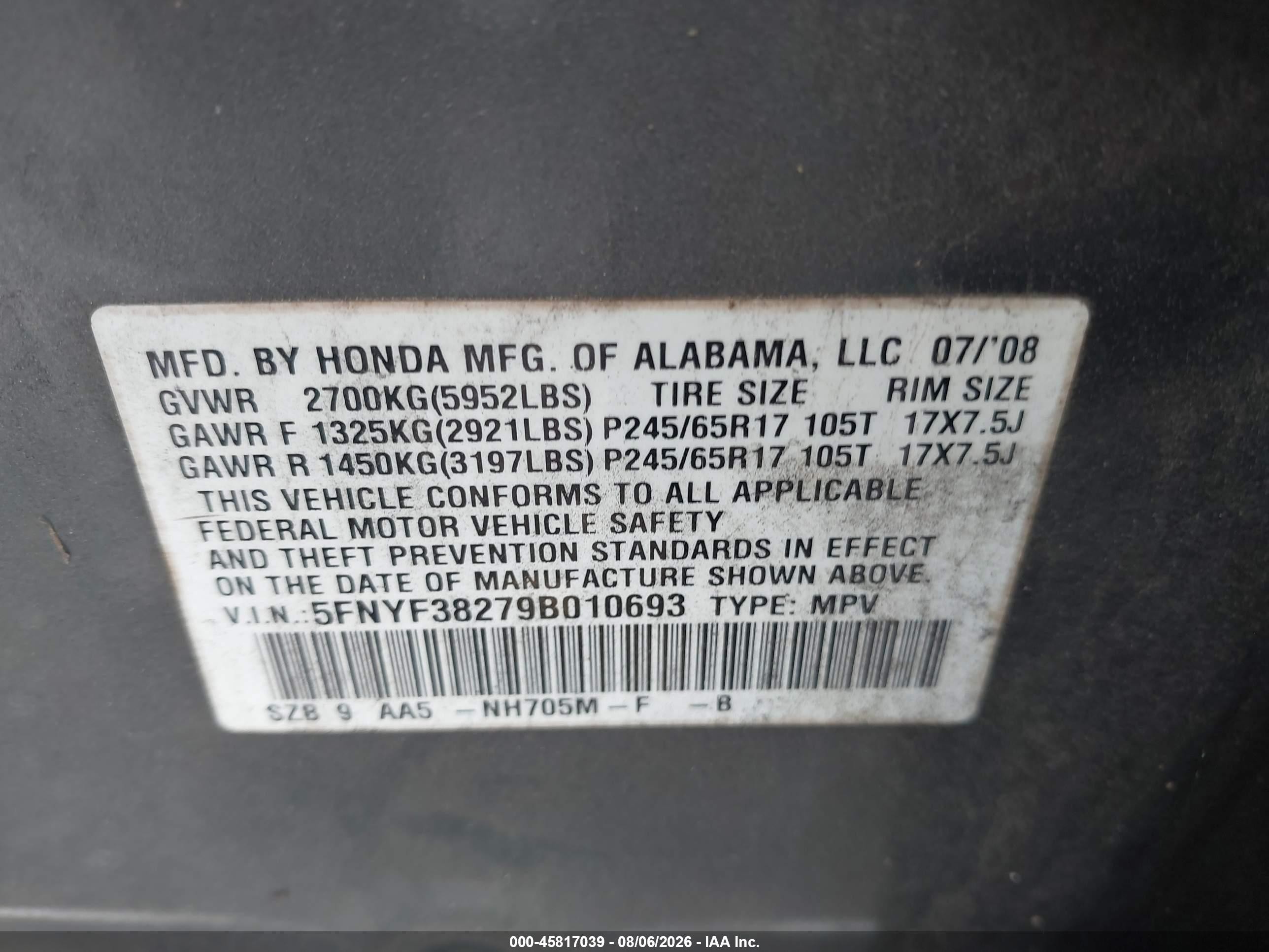 2009 Honda Pilot Lx Gray vin: 5FNYF38279B010693
