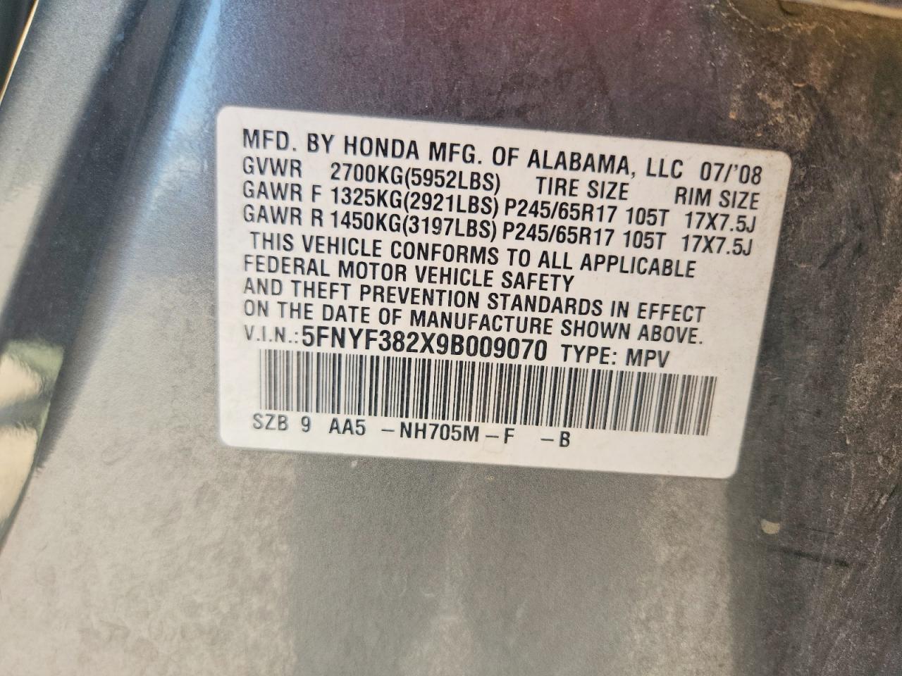 2009 Honda Pilot Lx Gray vin: 5FNYF382X9B009070