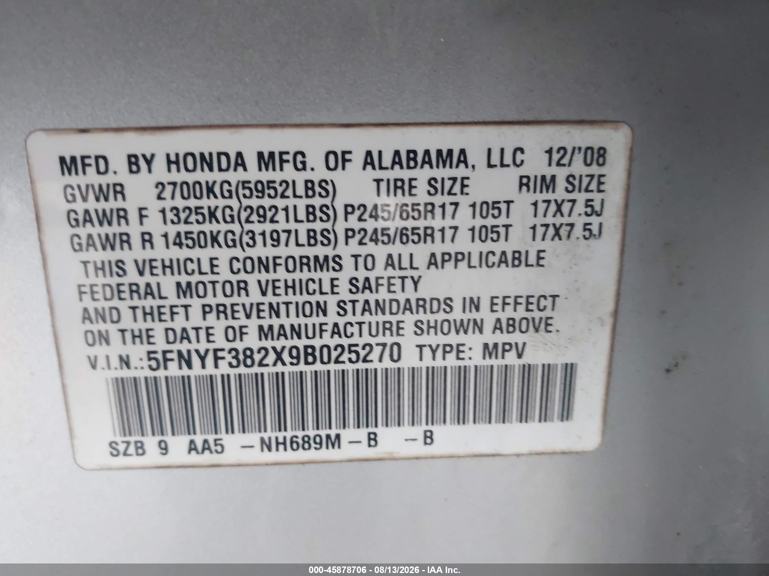 2009 Honda Pilot Lx Gray vin: 5FNYF382X9B025270