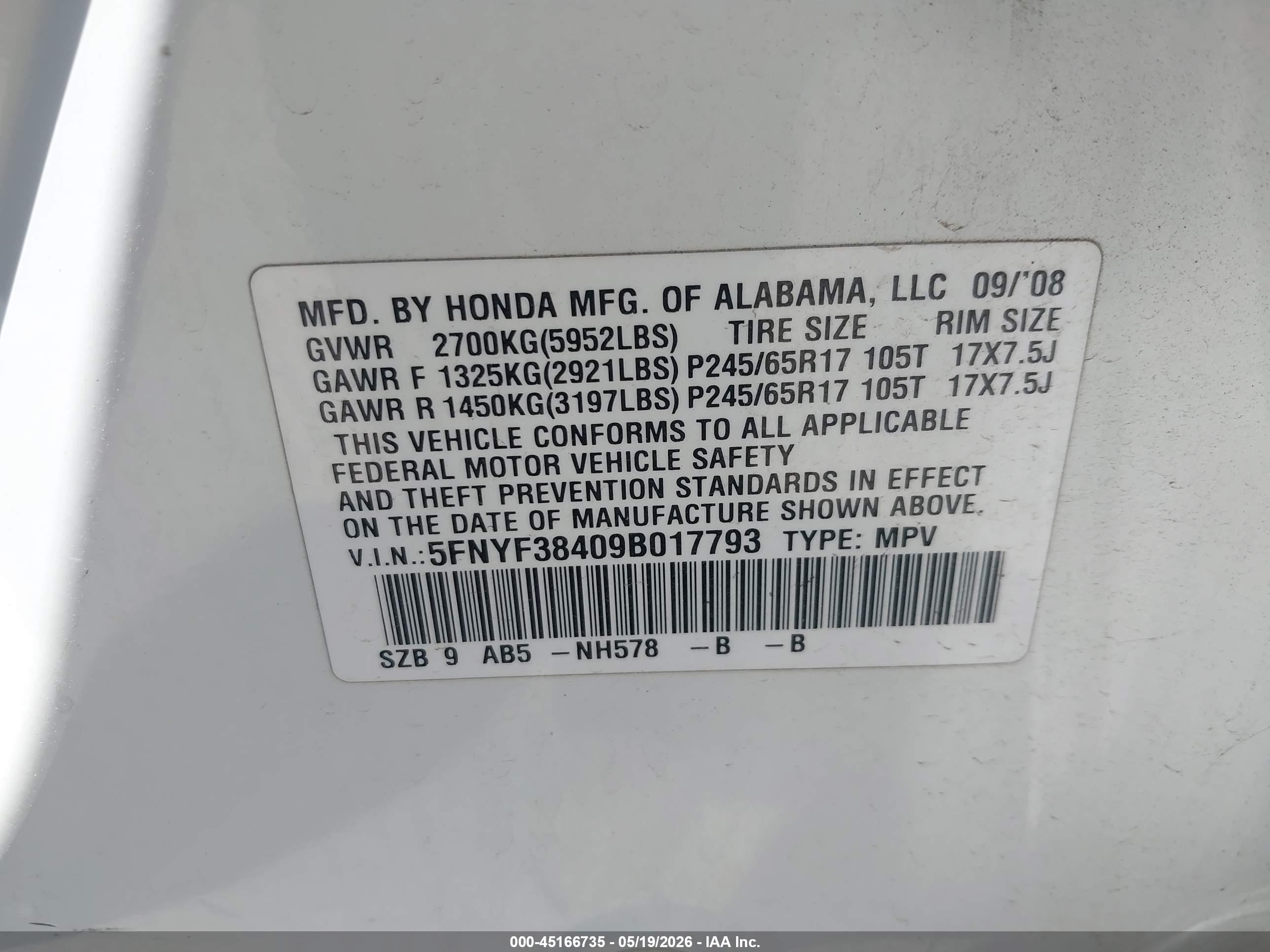 2009 Honda Pilot Ex White vin: 5FNYF38409B017793