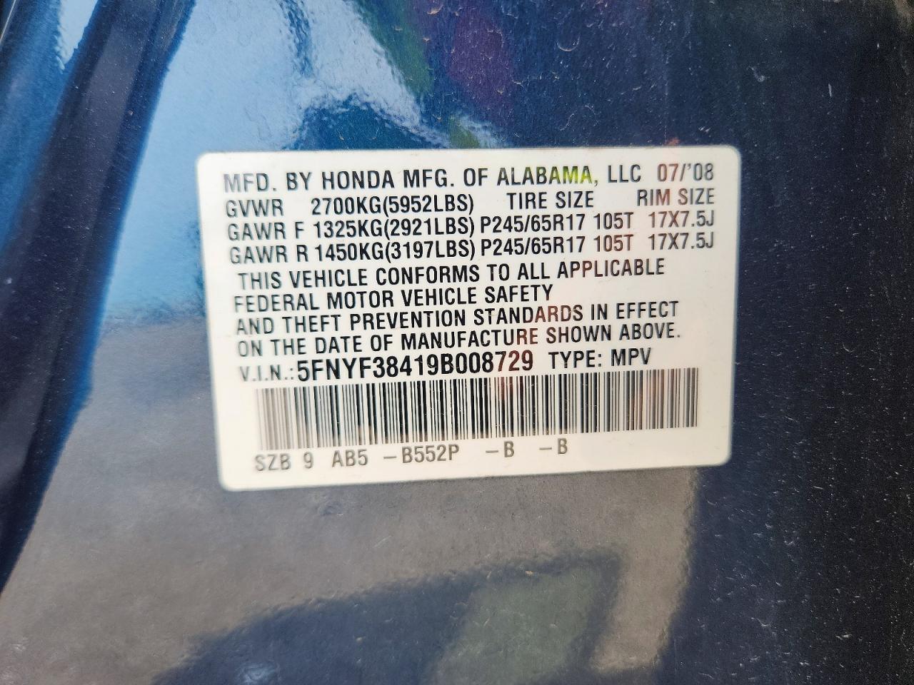 2009 Honda Pilot Ex Blue vin: 5FNYF38419B008729