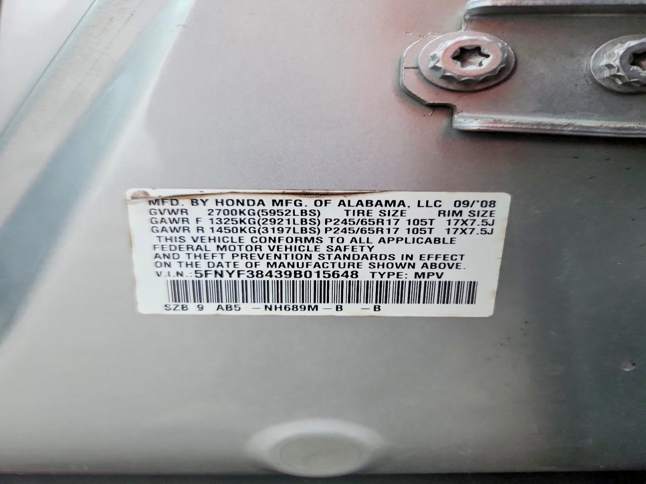 2009 Honda Pilot Ex Silver vin: 5FNYF38439B015648