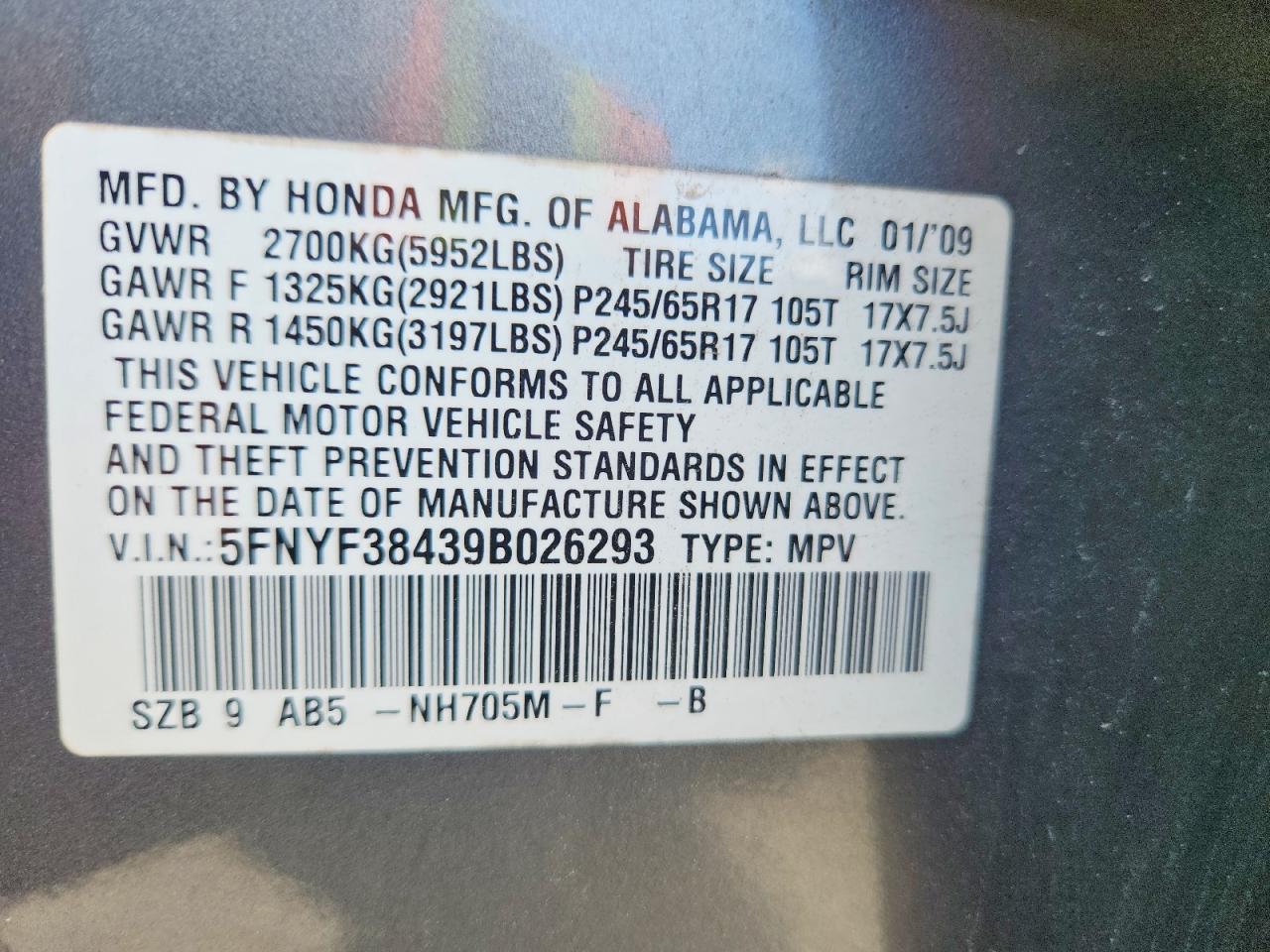 2009 Honda Pilot Ex Gray vin: 5FNYF38439B026293