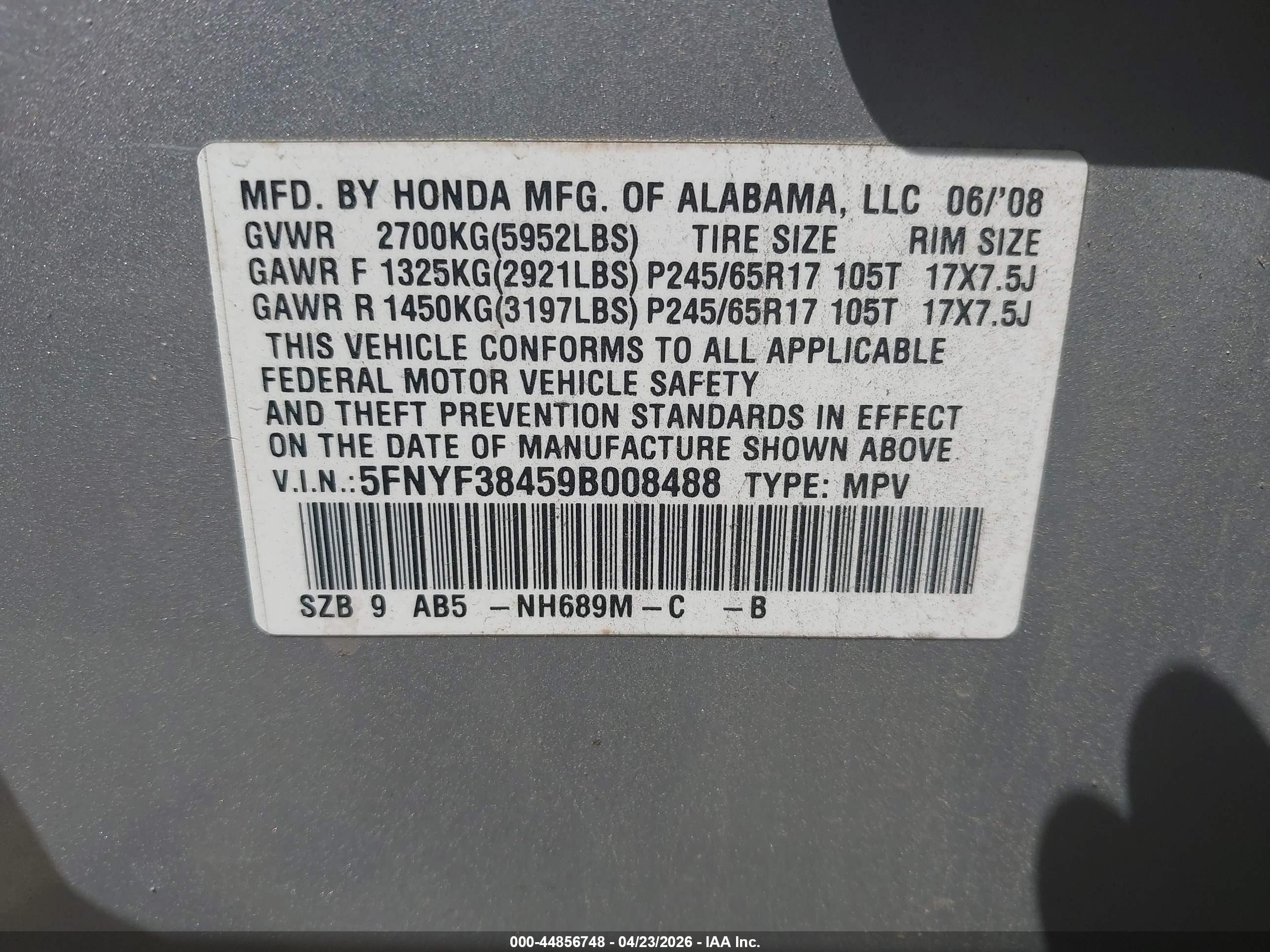 2009 Honda Pilot Ex Silver vin: 5FNYF38459B008488