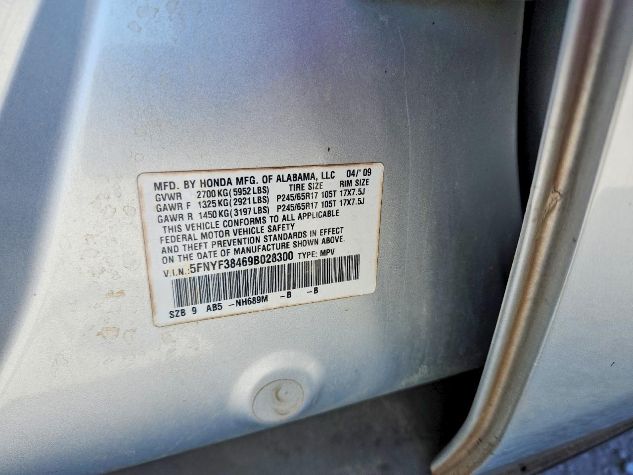 2009 Honda Pilot Ex Gray vin: 5FNYF38469B028300