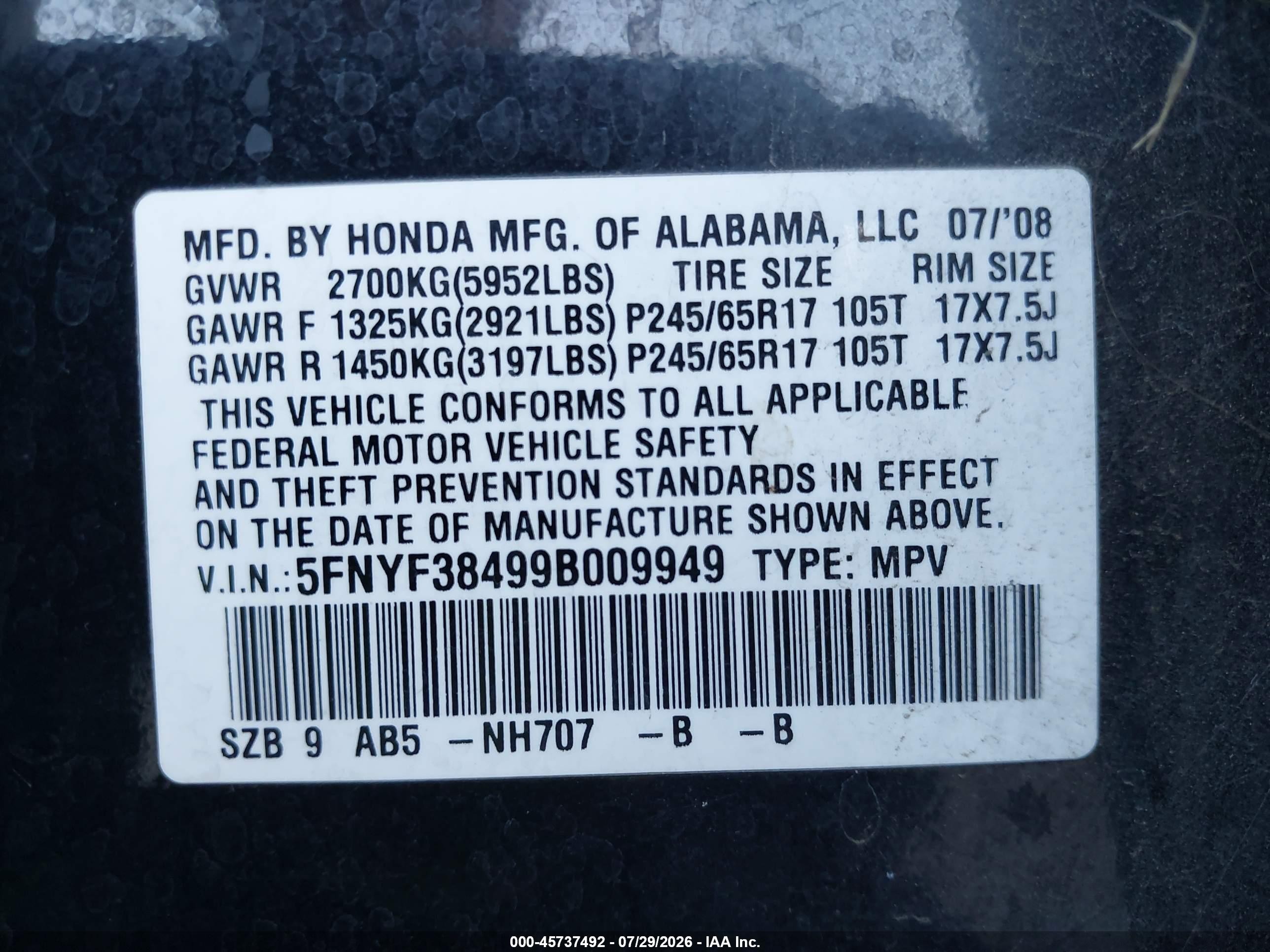 2009 Honda Pilot Ex Black vin: 5FNYF38499B009949