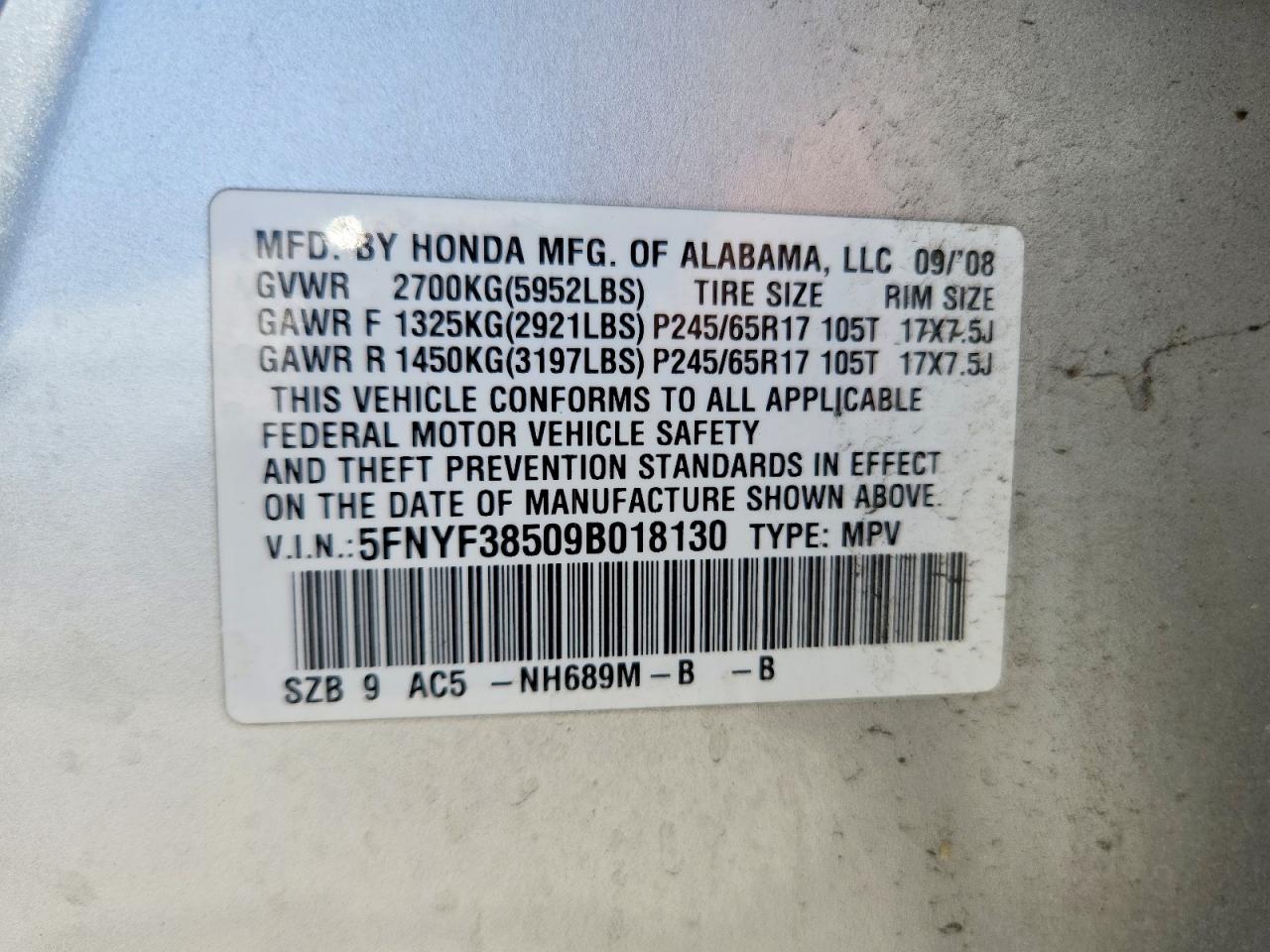 2009 Honda Pilot Exl Серебряный vin: 5FNYF38509B018130