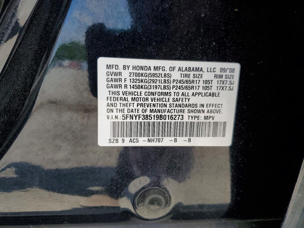2009 Honda Pilot Exl Black vin: 5FNYF38519B016273