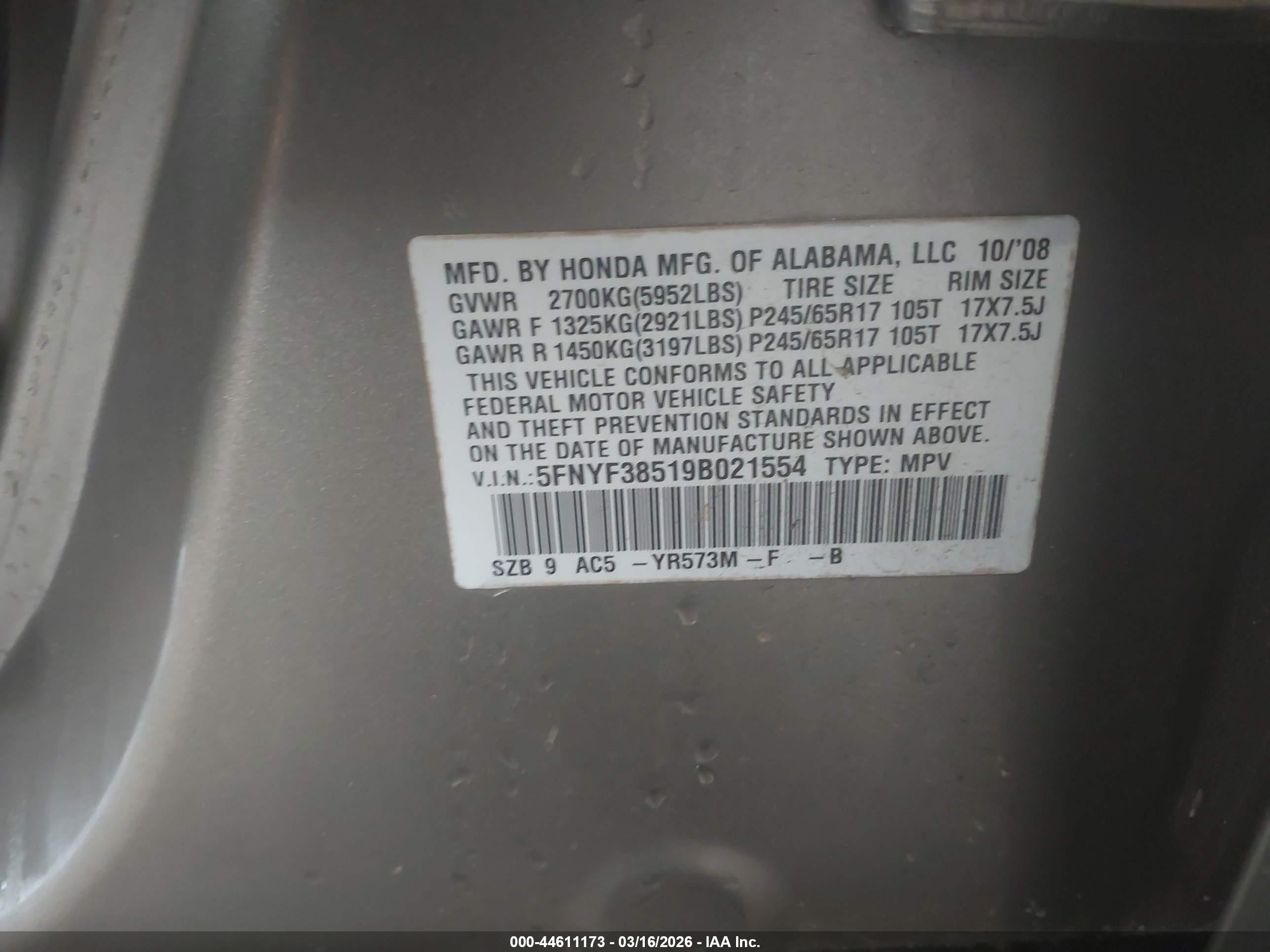 2009 Honda Pilot Ex-l Бежевый vin: 5FNYF38519B021554