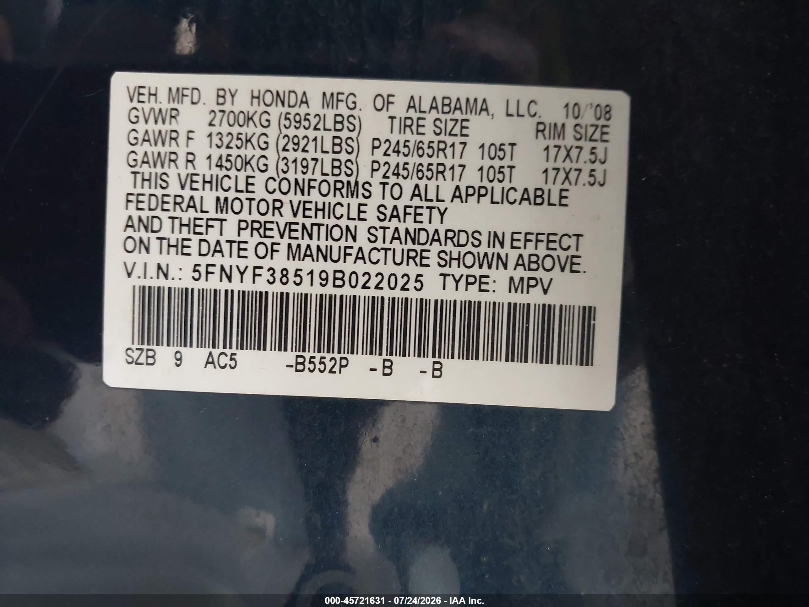 2009 Honda Pilot Ex-l Dark Blue vin: 5FNYF38519B022025