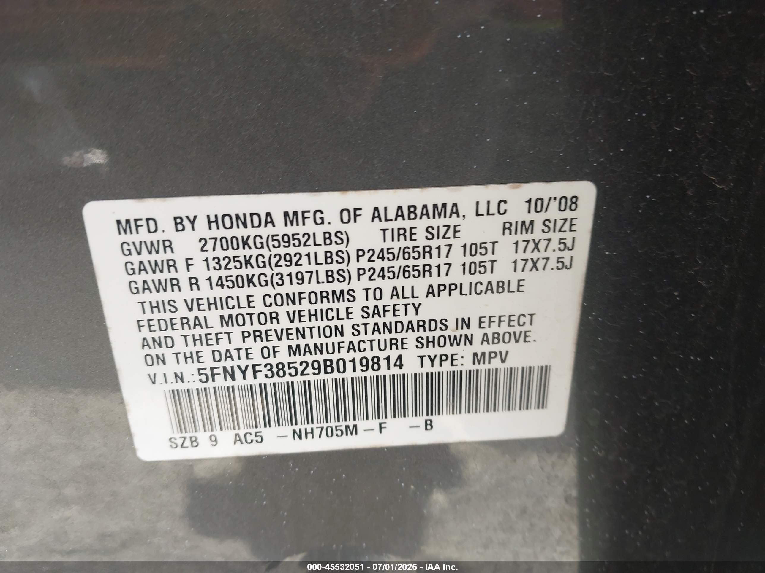 2009 Honda Pilot Ex-l Gray vin: 5FNYF38529B019814