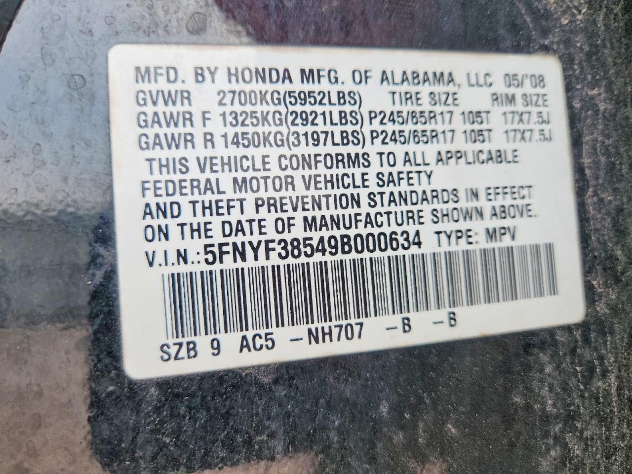 2009 Honda Pilot Exl Черный vin: 5FNYF38549B000634