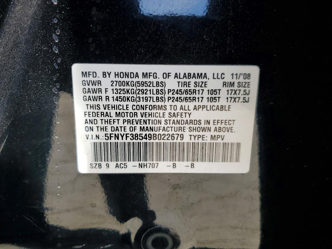 2009 Honda Pilot Exl Black vin: 5FNYF38549B022679