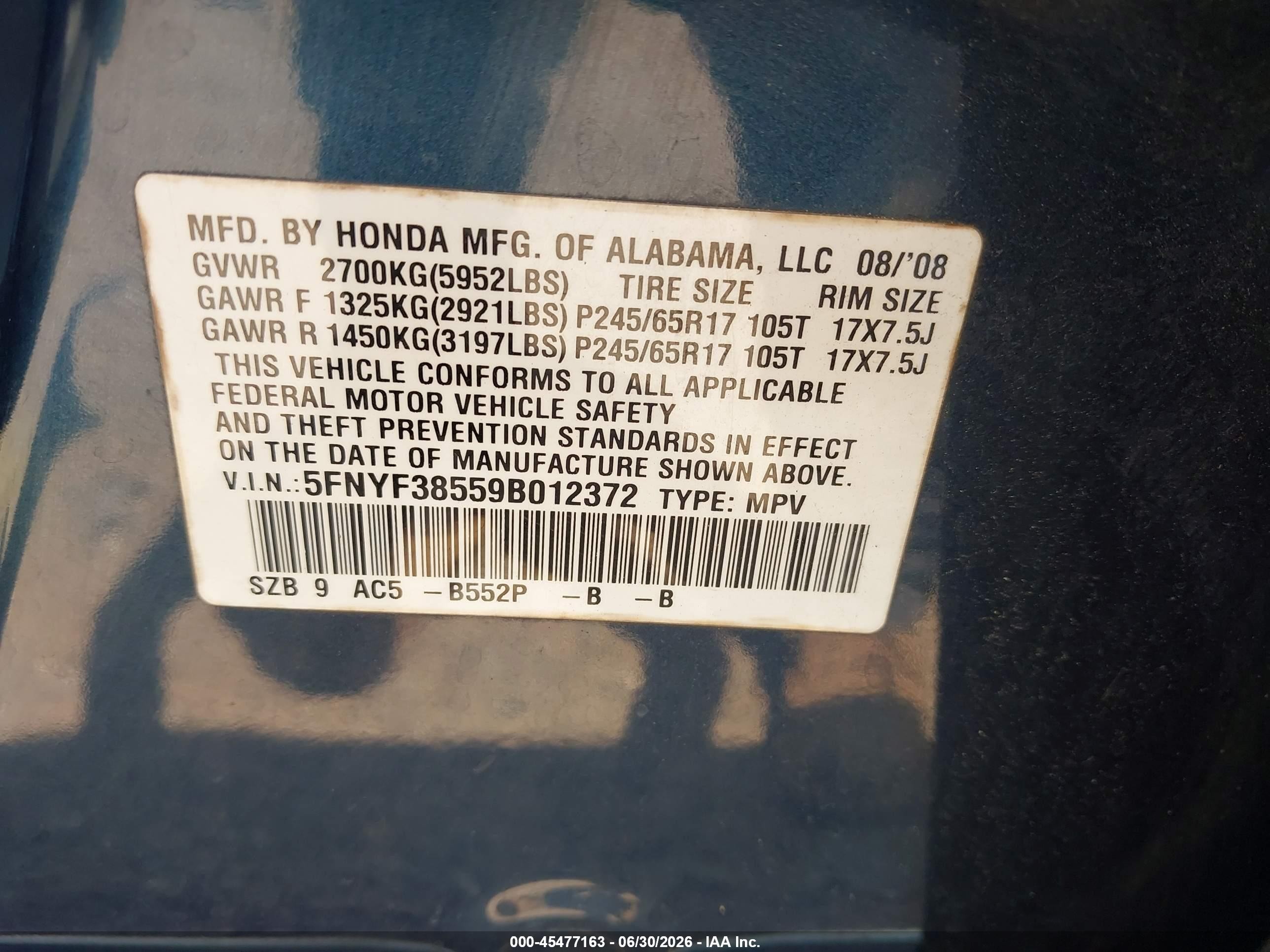 2009 Honda Pilot Ex-l Blue vin: 5FNYF38559B012372