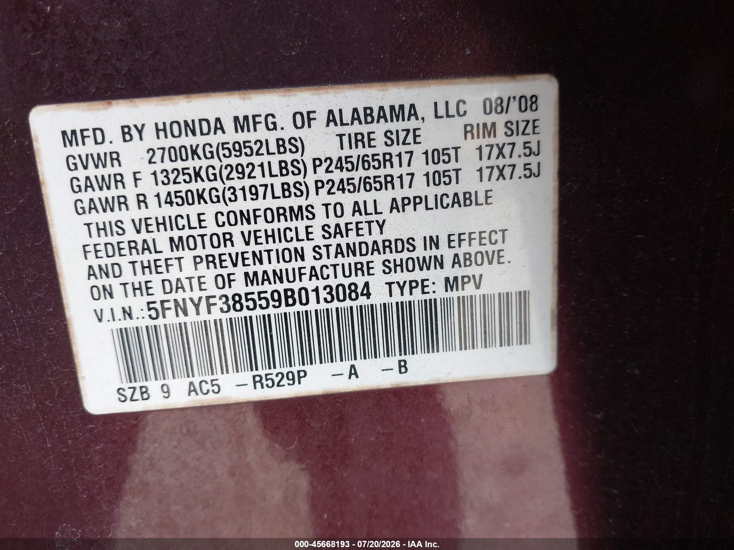 2009 Honda Pilot Ex-l Maroon vin: 5FNYF38559B013084