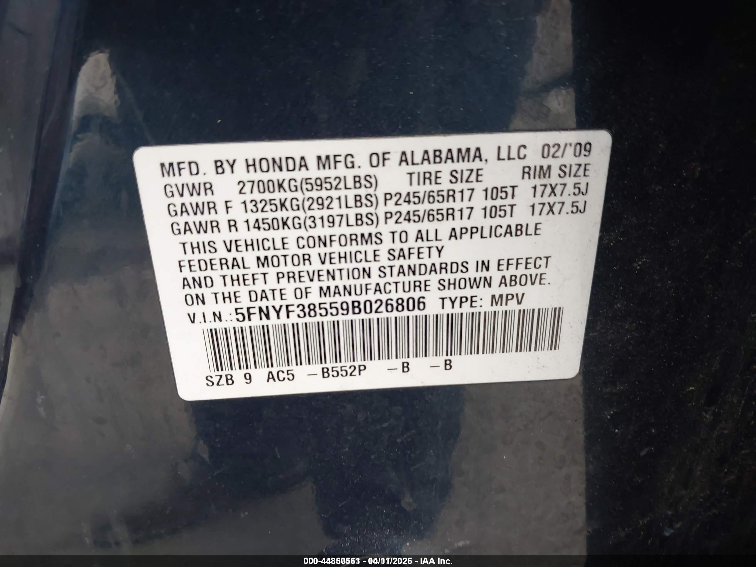 2009 Honda Pilot Ex-l Dark Blue vin: 5FNYF38559B026806