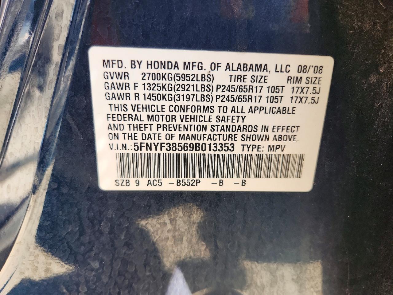 2009 Honda Pilot Exl Blue vin: 5FNYF38569B013353