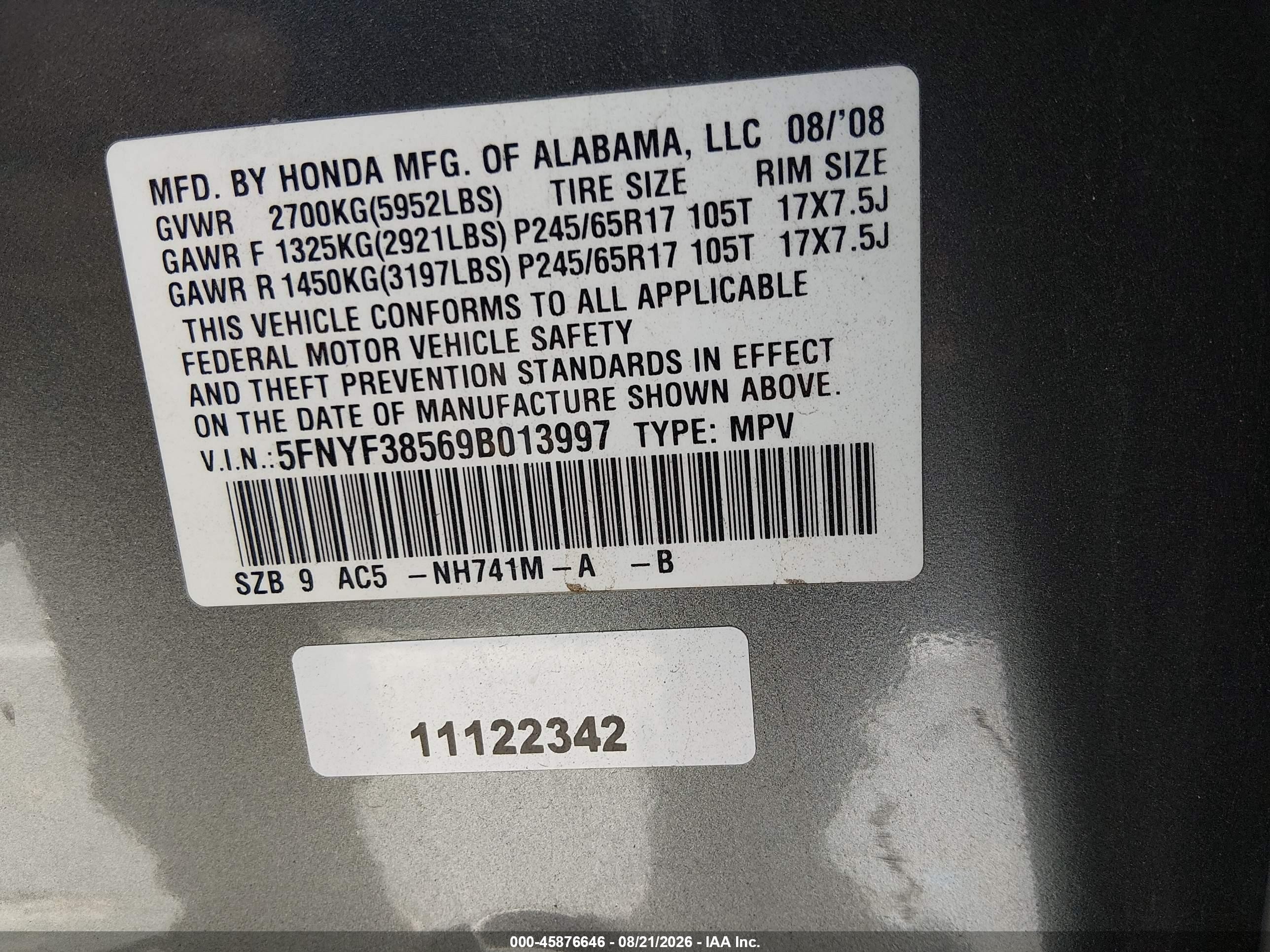 2009 Honda Pilot Exl Gray vin: 5FNYF38569B013997