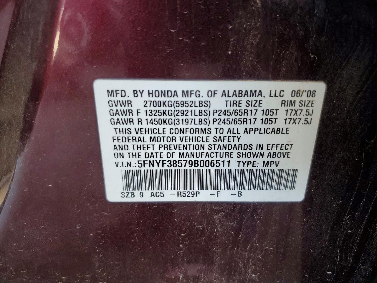 2009 Honda Pilot Exl Burgundy vin: 5FNYF38579B006511