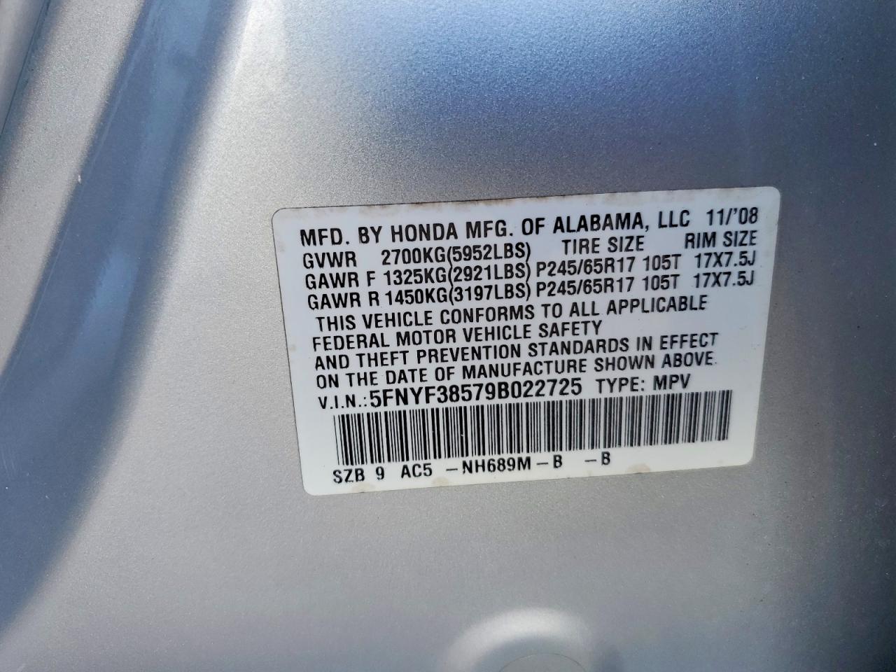 2009 Honda Pilot Exl Silver vin: 5FNYF38579B022725