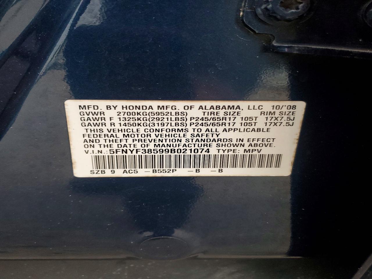 2009 Honda Pilot Exl Blue vin: 5FNYF38599B021074