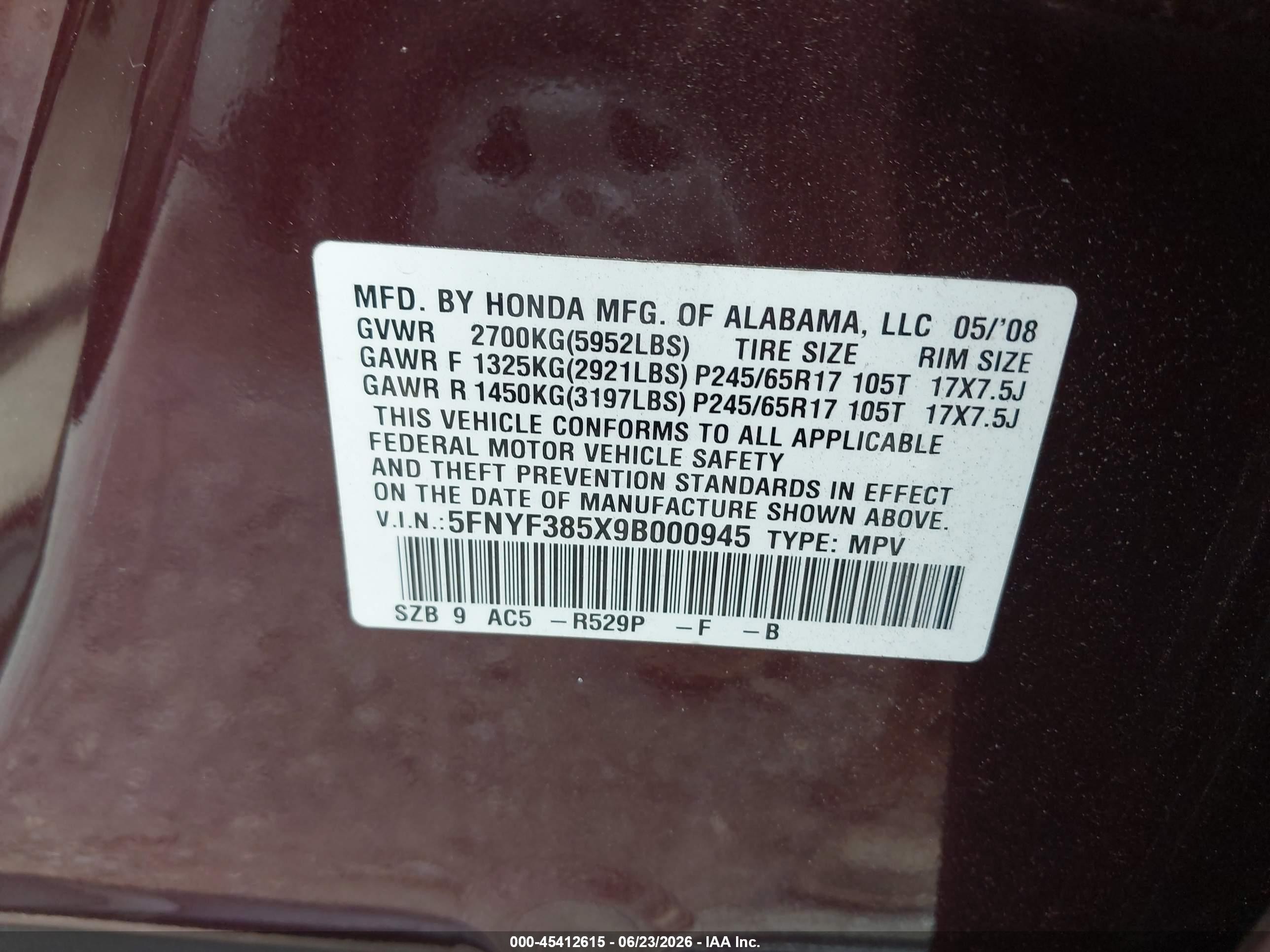 2009 Honda Pilot Ex-l Burgundy vin: 5FNYF385X9B000945