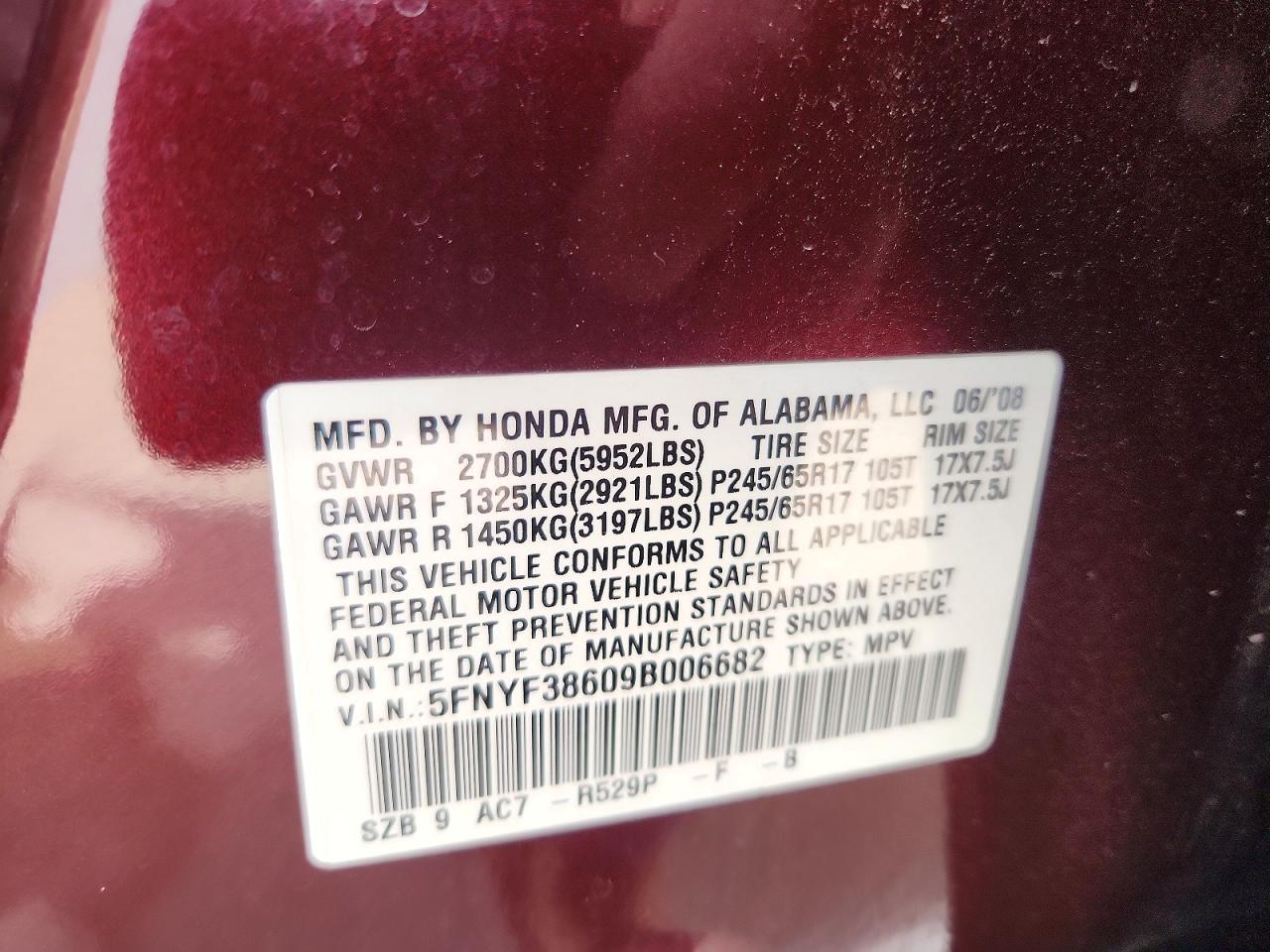 2009 Honda Pilot Exl Burgundy vin: 5FNYF38609B006682