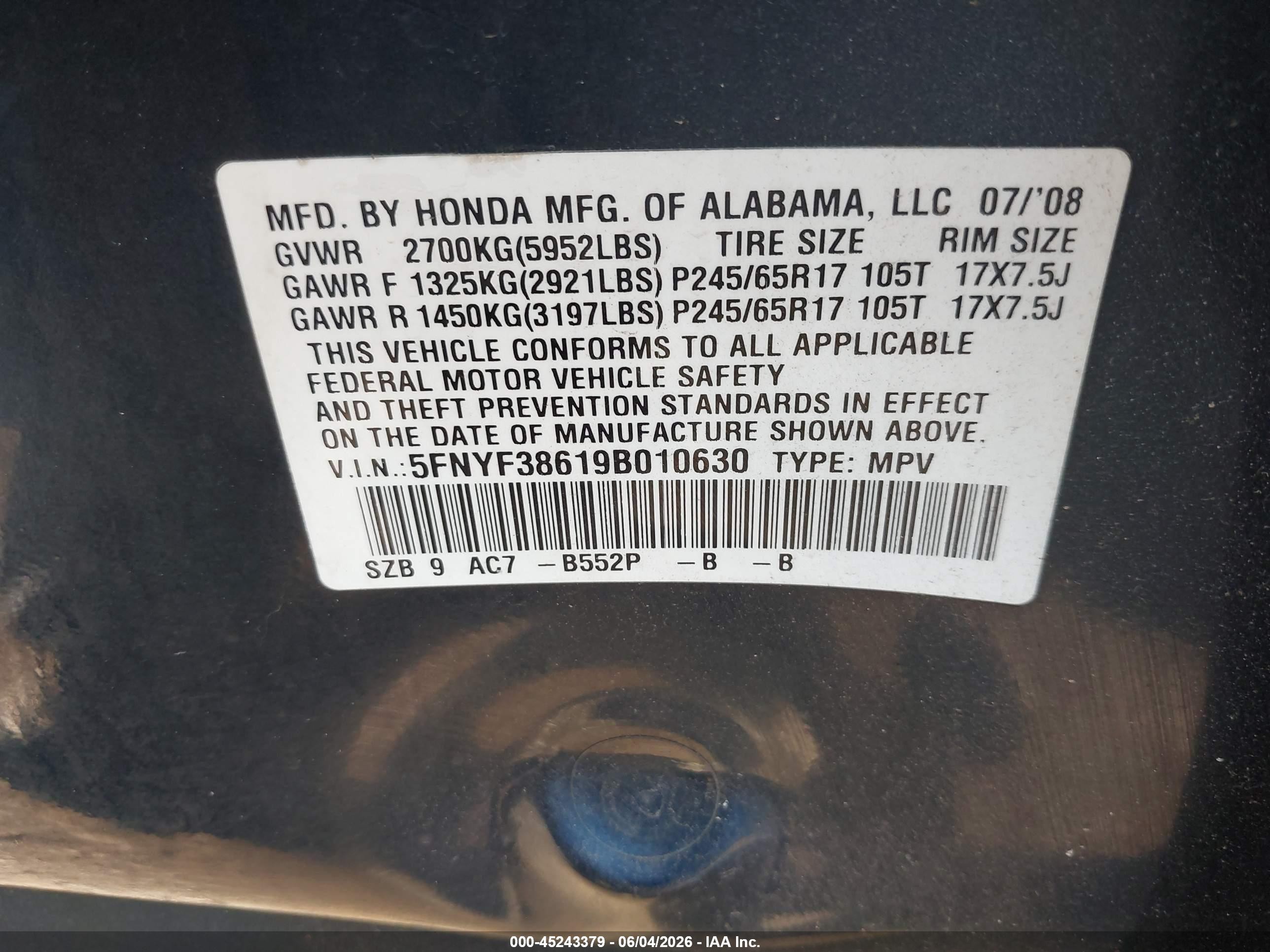 2009 Honda Pilot Ex-l Blue vin: 5FNYF38619B010630