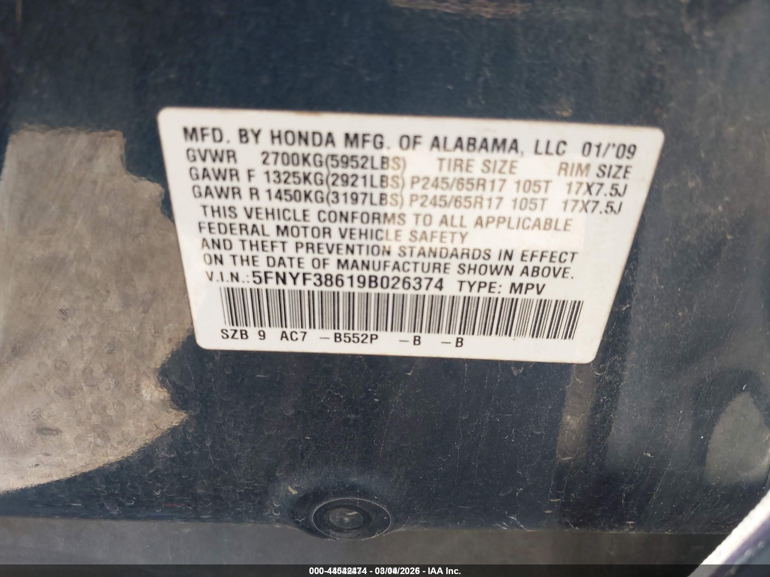 2009 Honda Pilot Ex-l Blue vin: 5FNYF38619B026374