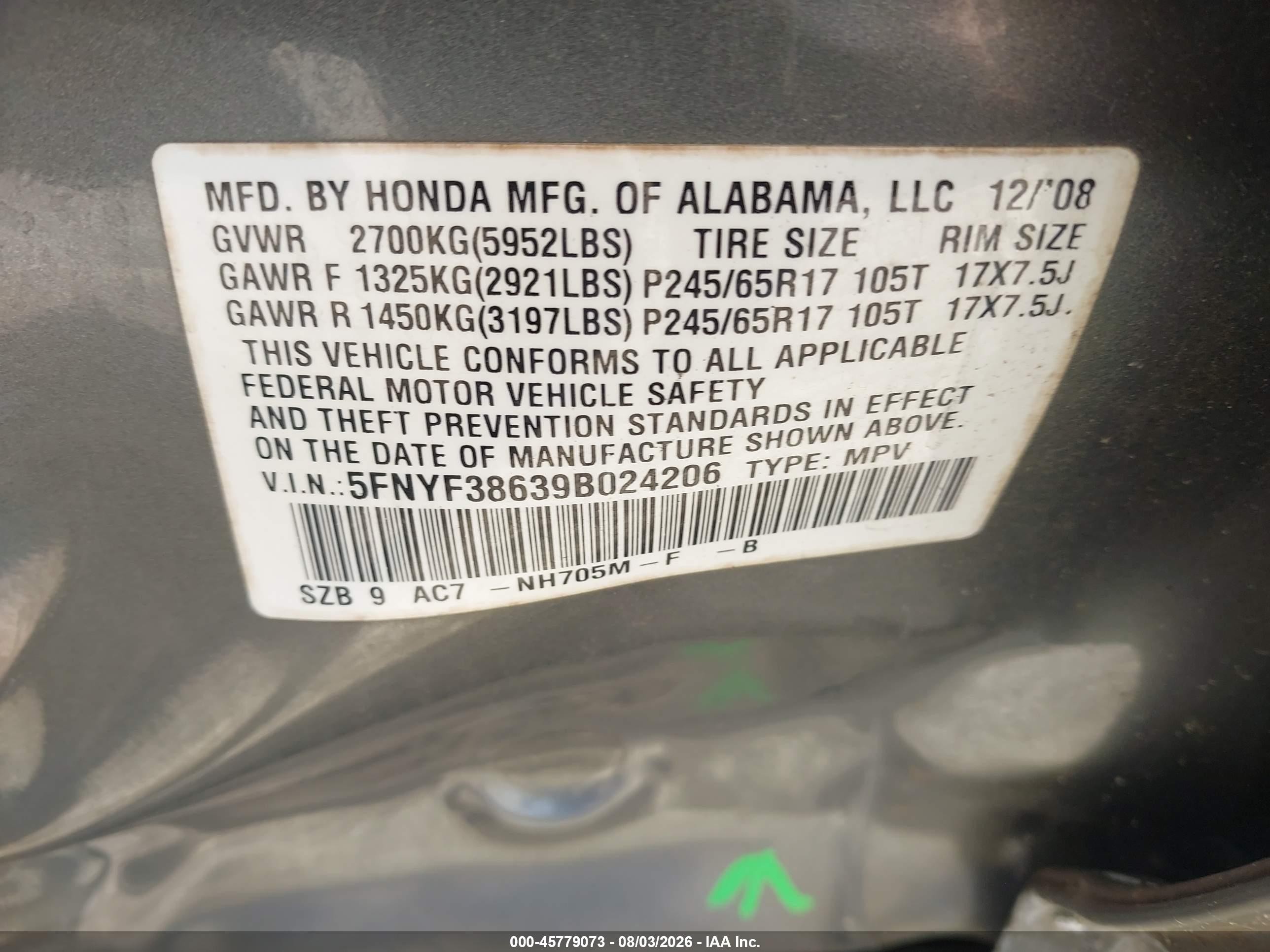 2009 Honda Pilot Ex-l Gray vin: 5FNYF38639B024206